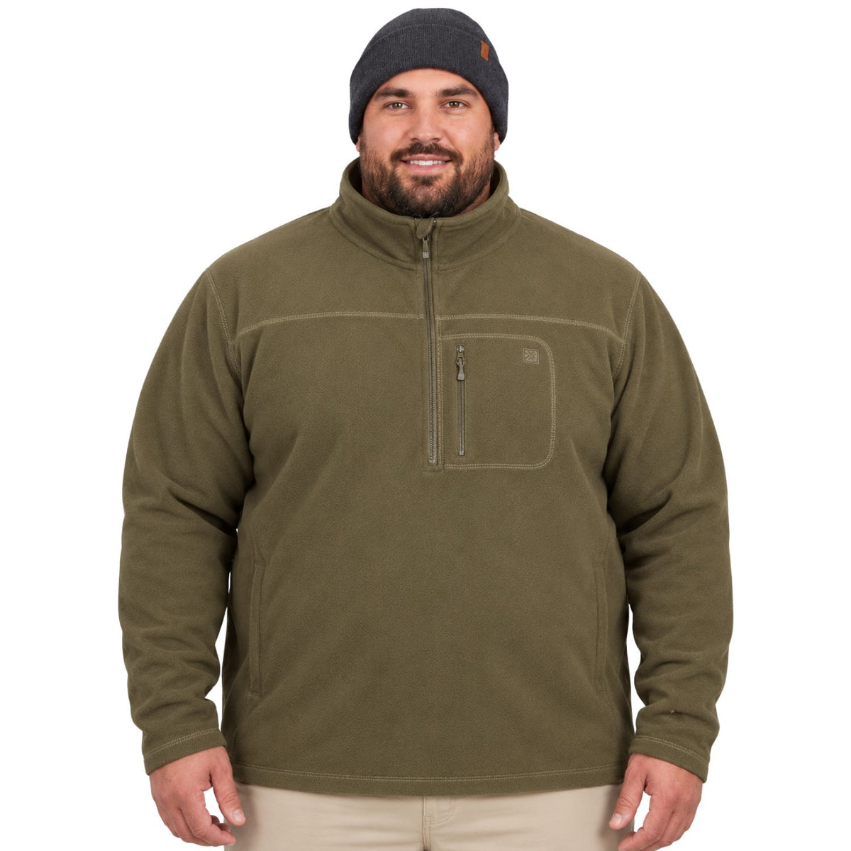 A plus-size man wearing an olive green quarter-zip fleece pullover jacket with a zippered chest pocket, paired with a dark gray beanie and light beige pants, against a plain white background.