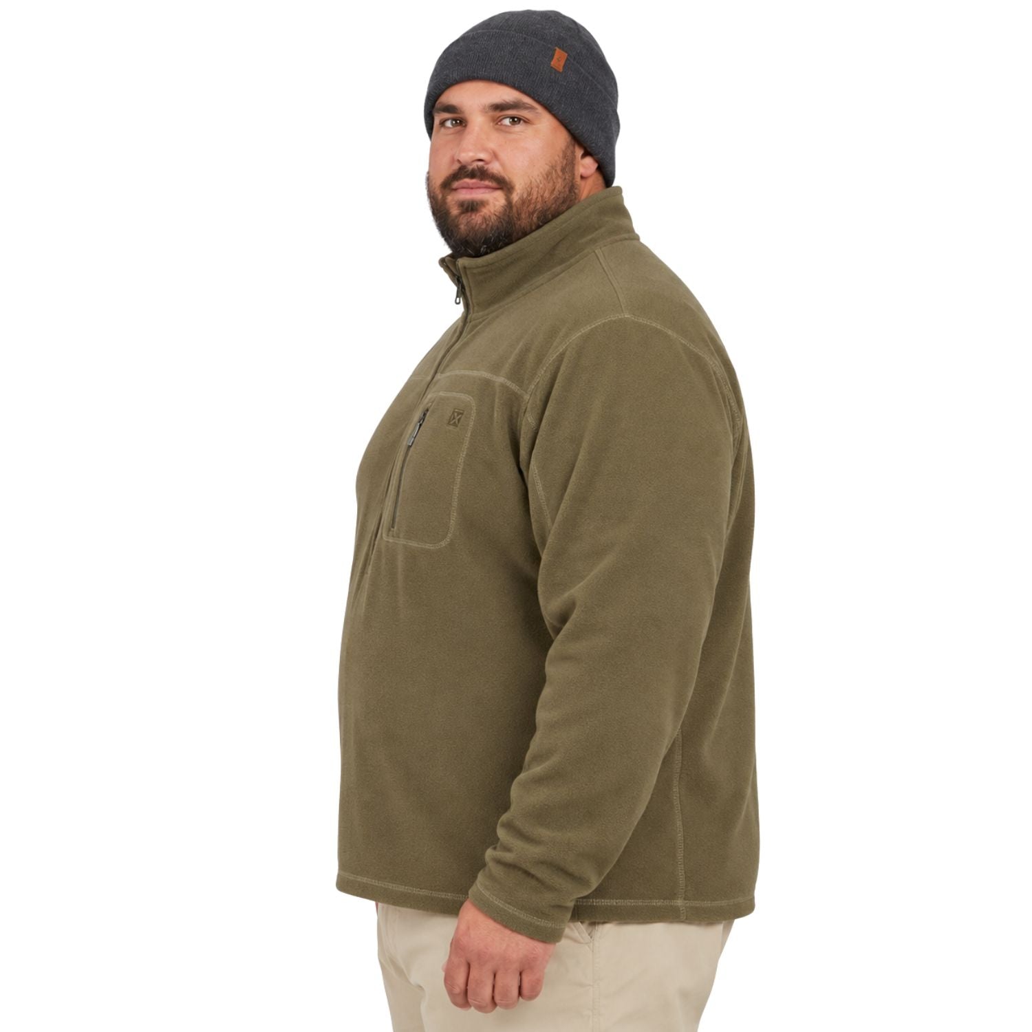 A man wearing an olive green quarter-zip fleece pullover and a dark gray beanie, shown in a side profile against a plain white background.