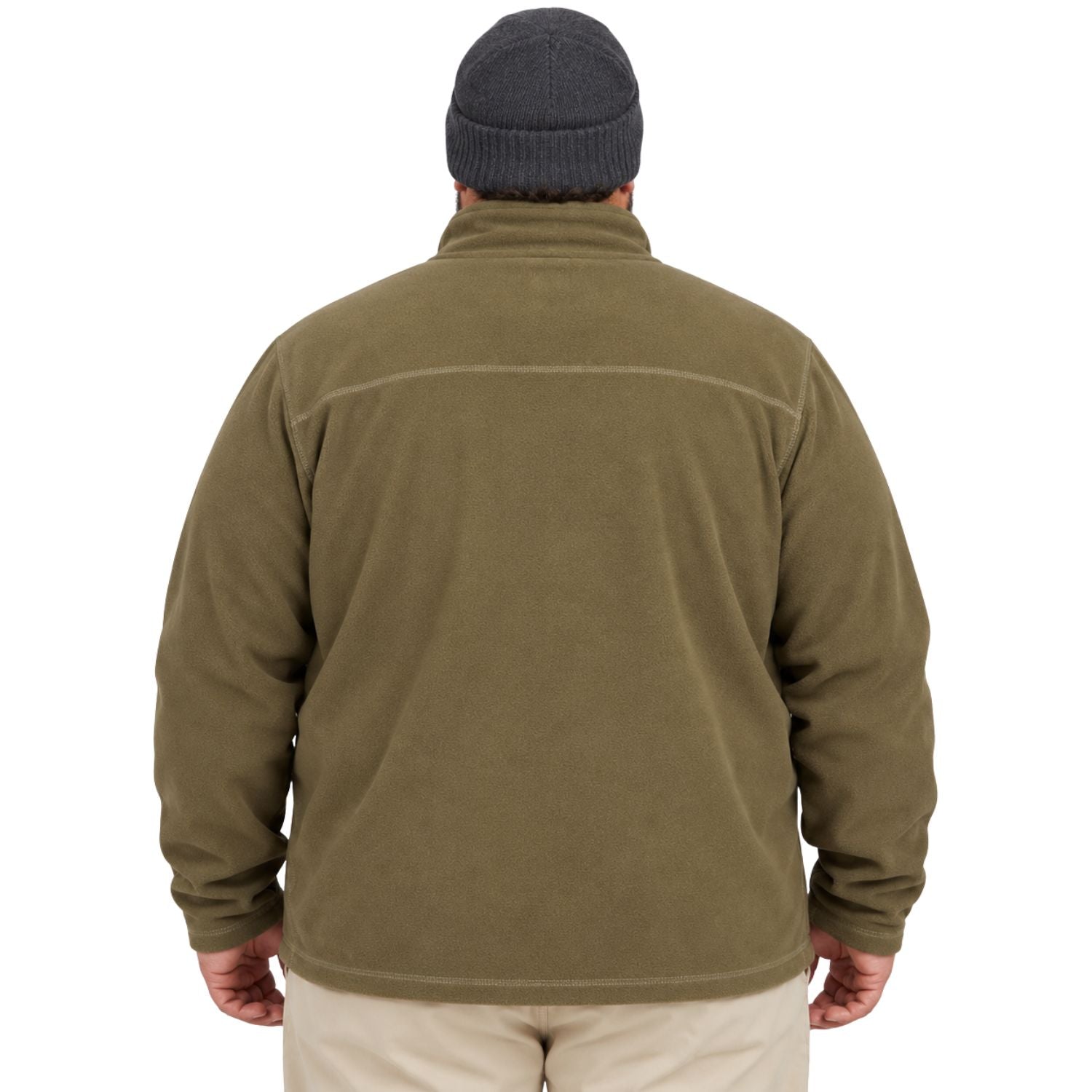 A man viewed from the back wearing an olive green fleece pullover jacket, a dark gray knit beanie, and light beige pants, set against a plain white background.