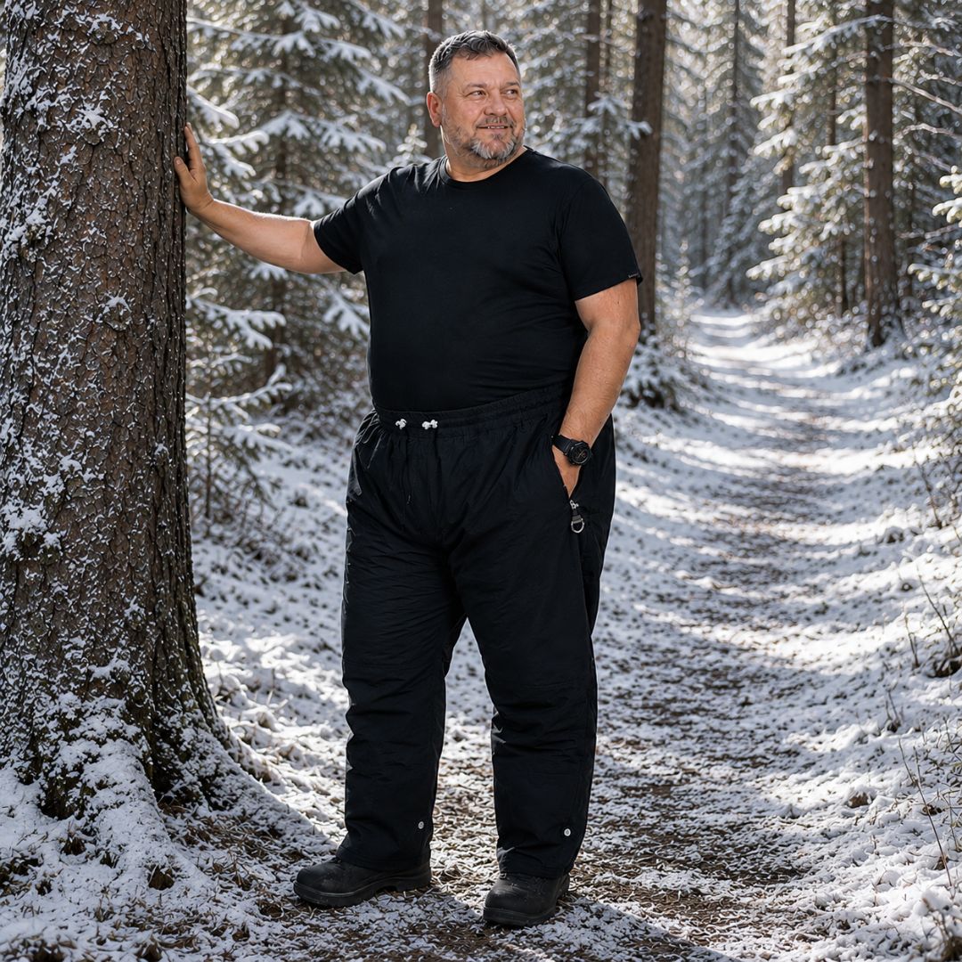 Men wearing Aggress King Snow Pant Extra Short in the snowy forest