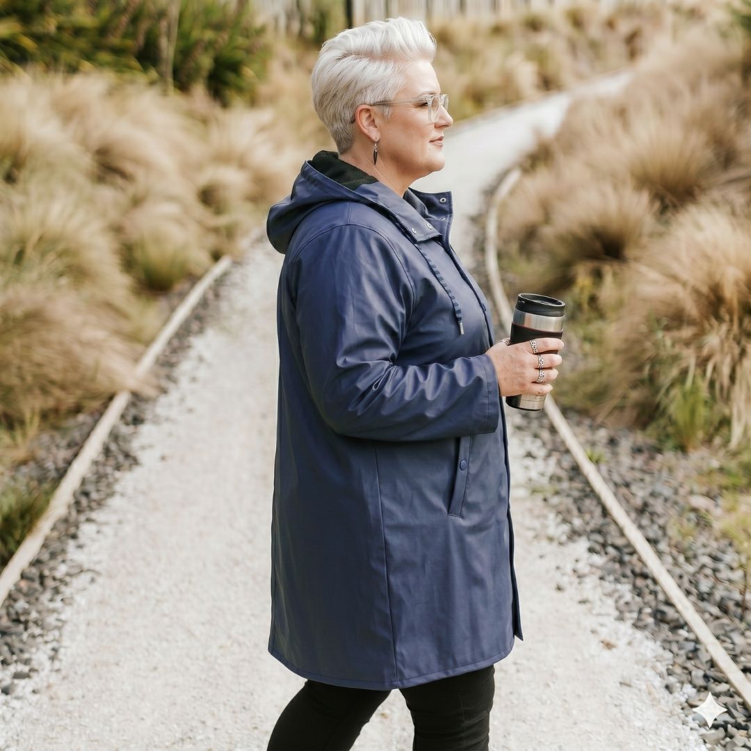 Side view of a woman with short silver hair walking on a gravel path holding a travel mug, wearing the metallic blue Moke Charlie Women's Rain Coat.