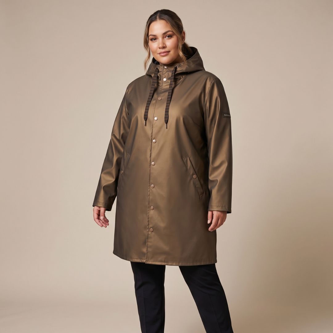 Studio portrait of a woman wearing the antique gold Moke Charlie Women's Plus Size Rain Coat with the hood attached.