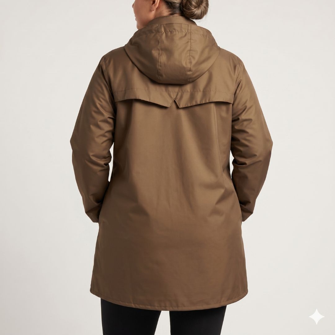 Rear studio view of a woman showcasing the hood and storm flap detail on the antique gold Moke Charlie Women's Rain Coat.