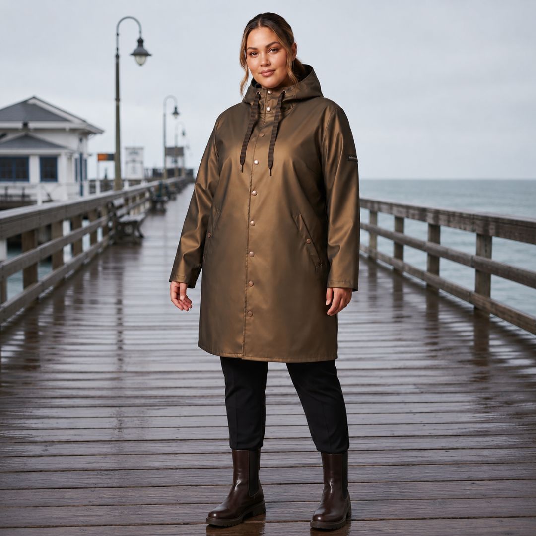 Front view of a woman standing on a wooden ocean pier wearing the buttoned antique gold Moke Charlie Women's Rain Coat.