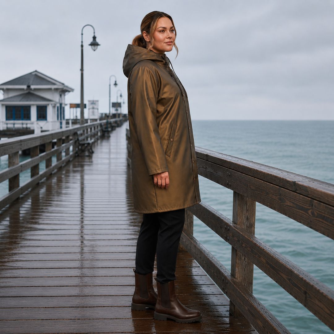 Side profile view of a woman standing by a pier railing, wearing the antique gold Moke Charlie Women's Rain Coat and brown boots.