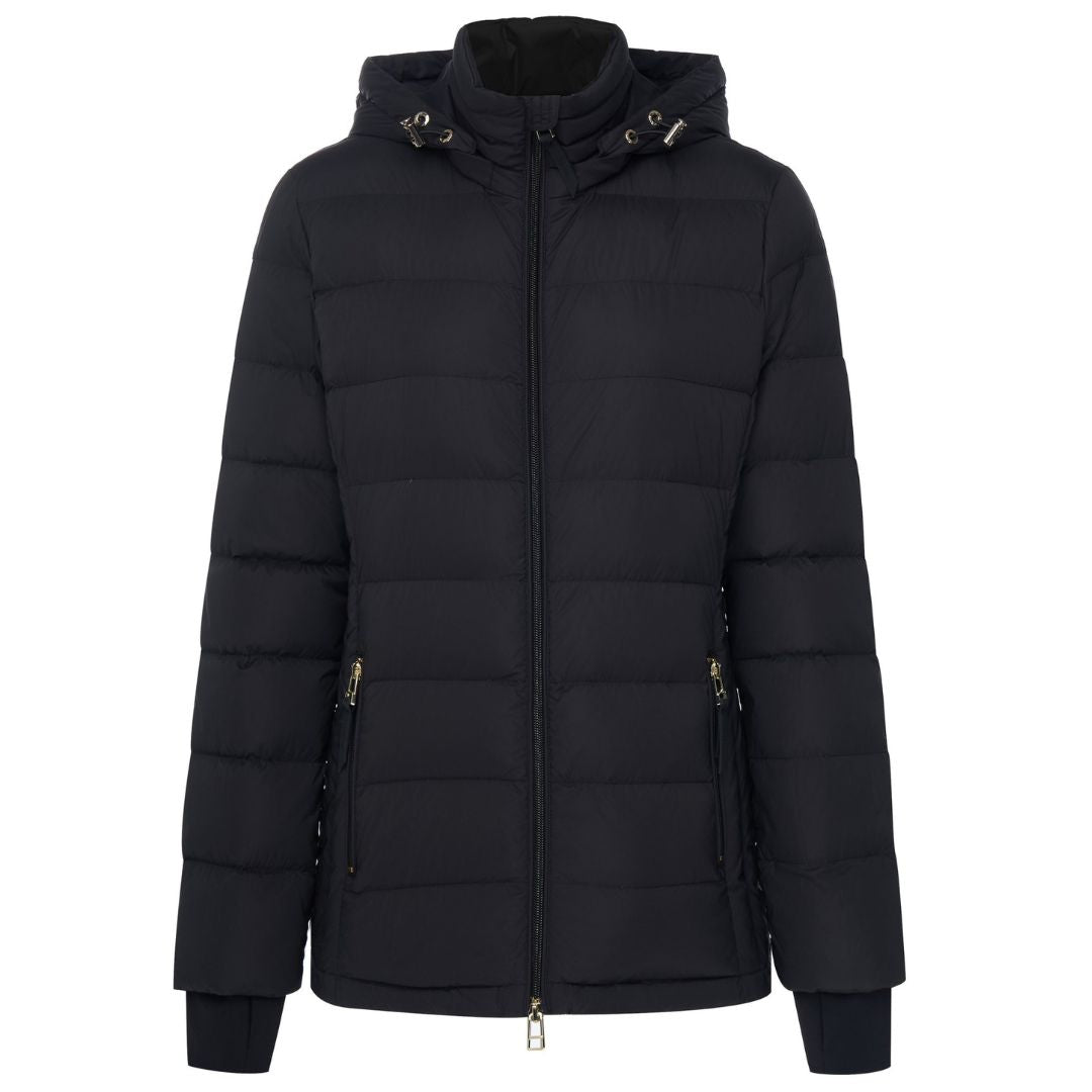 Front view of women’s black hooded down luciana puffer jacket with zip closure, plus size fit