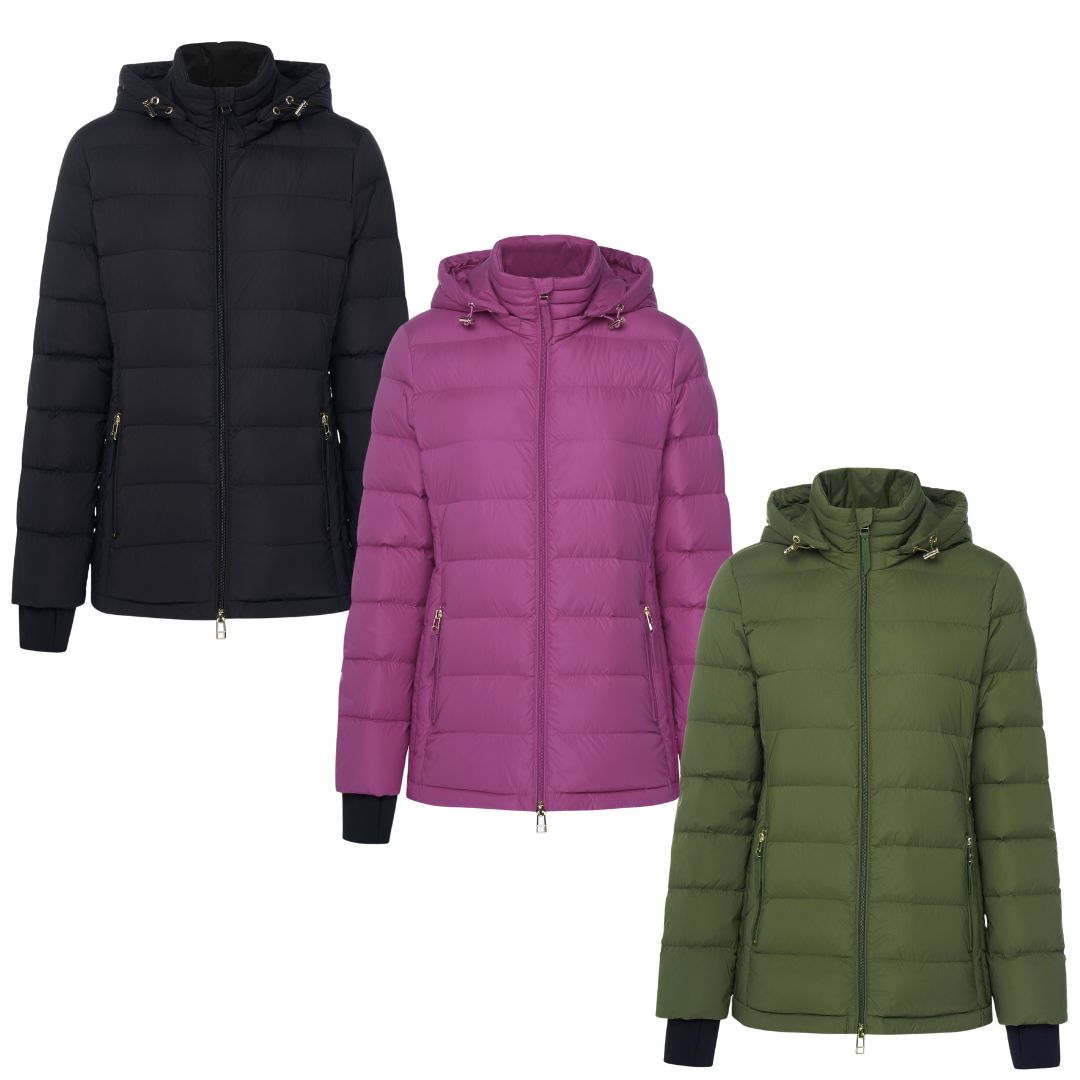 black, pink and olive plus-size down puffer jackets by Moke available from Plus Outdoor 