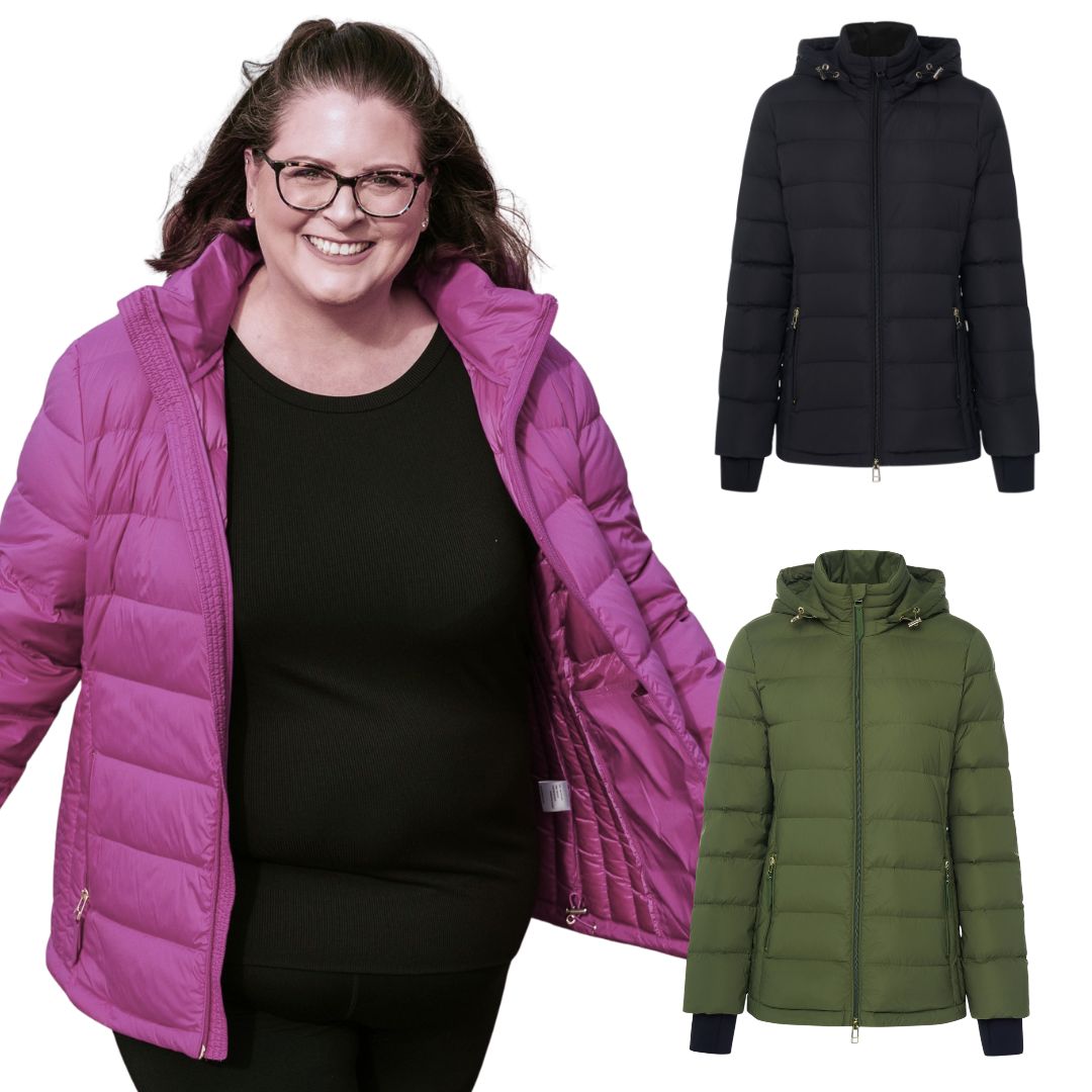 Plus Size Woman wearing a pink puffer jacket with black and green jackets displayed on a white background
