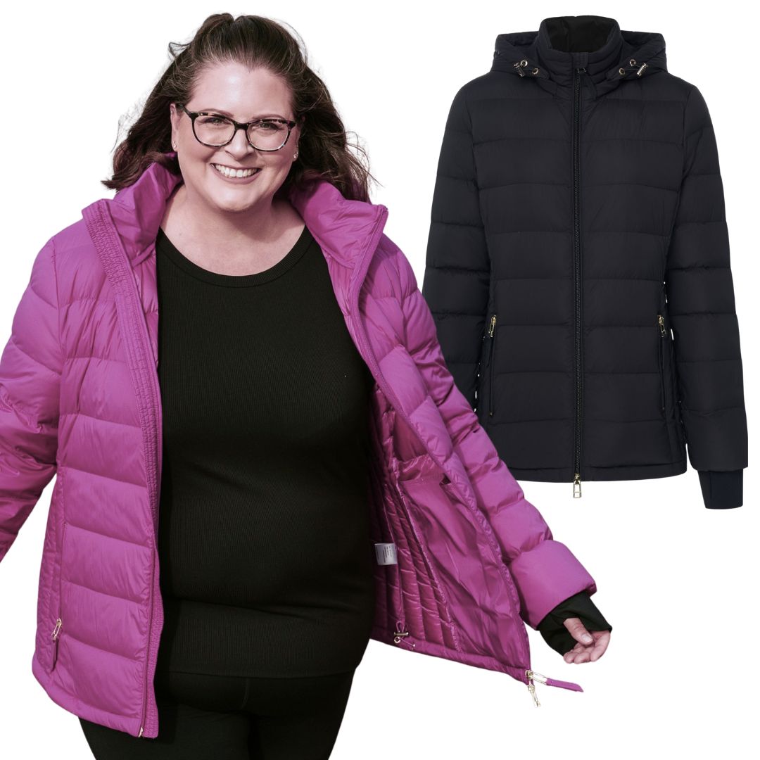 A plus-size woman wearing a bright pink puffer jacket over a black top, shown beside a second view of the same jacket in black on a plain white background.