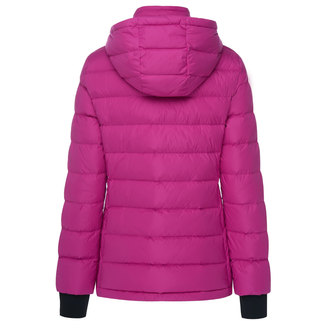 Back view of women’s rose violet hooded down luciana puffer jacket 