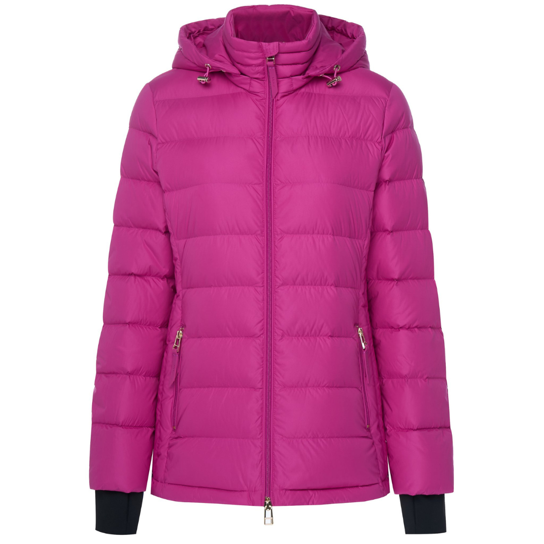 Front view of luciana rose violet hooded jacket with zip closure, plus size fit