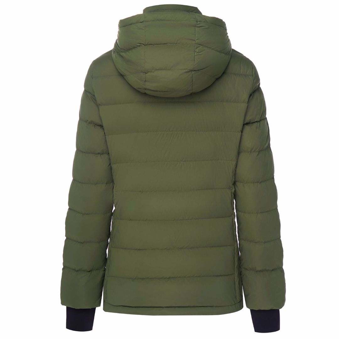 Back view of women’s olive green hooded down luciana puffer jacket 