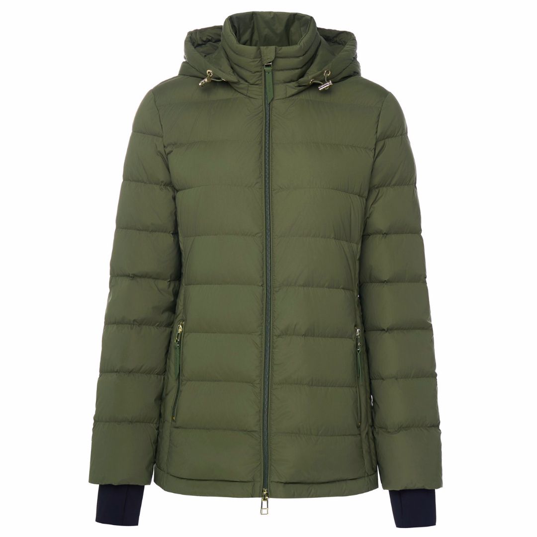 Front view of women’s olive green hooded down luciana puffer jacket with zip closure, plus size fit