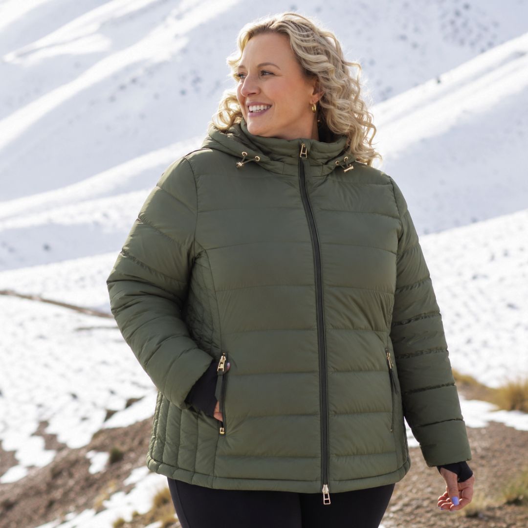 Front view of a smiling woman looking to the side with her hand in her pocket, wearing the Moke Lucy Women's Plus-Size Down Puffer Jacket in olive green.