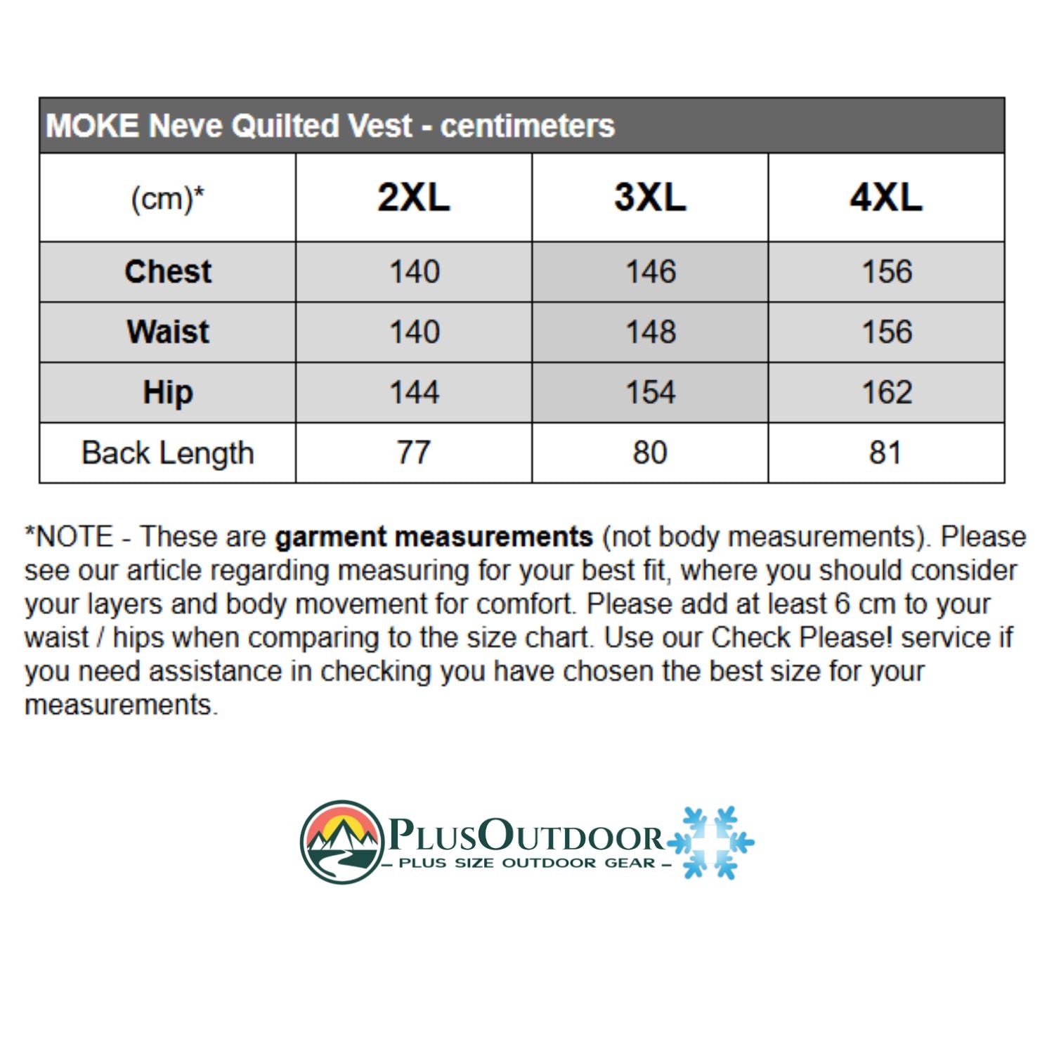 Moke Neve Quilted Women's Vest Size Chart