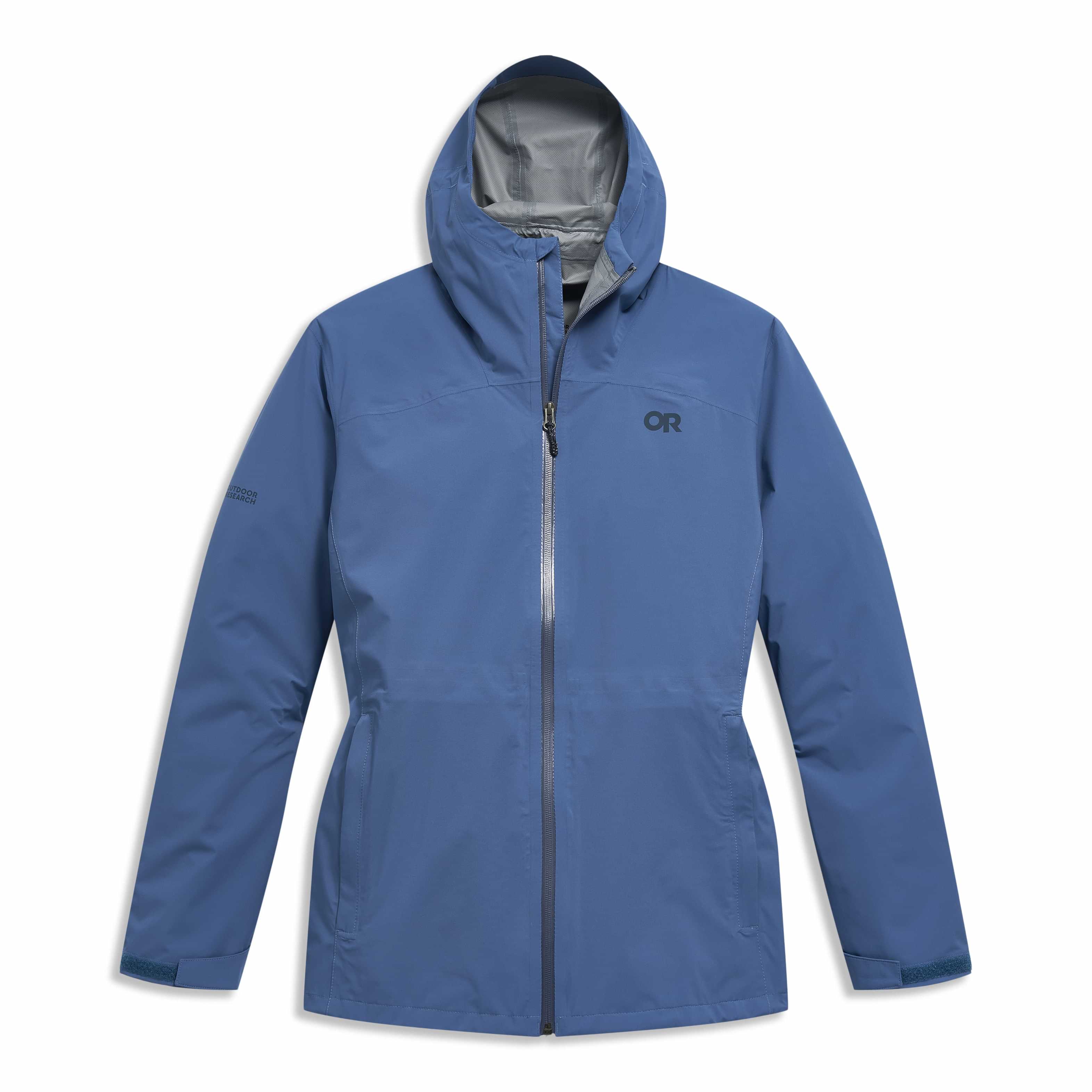 Outdoor Research Stratoburst Women’s Waterproof Rain Jacket in blue with breathable storm protection and hooded shell, plus sizes 1X–4X.