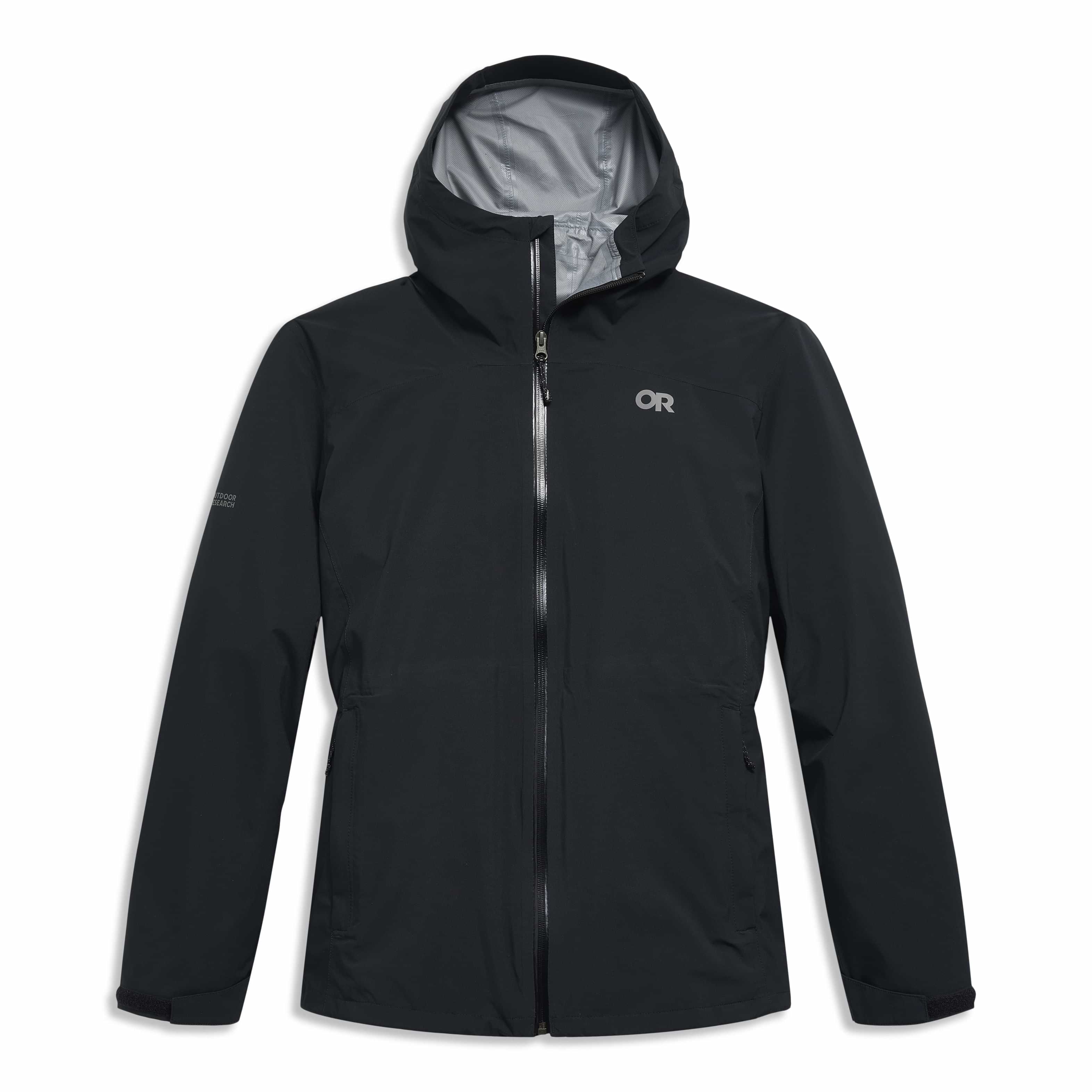 Outdoor Research Stratoburst Women’s Waterproof Rain Jacket in black with breathable hooded shell and weather protection, plus sizes 1X–4X.