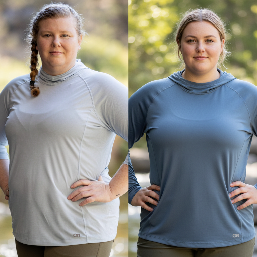 Outdoor Research Echo Hoodie Women's Plus Size UV Sun Shirt in Pebble and Skyline colours, sizes 2X-4X - plus-size outdoor clothing Australia