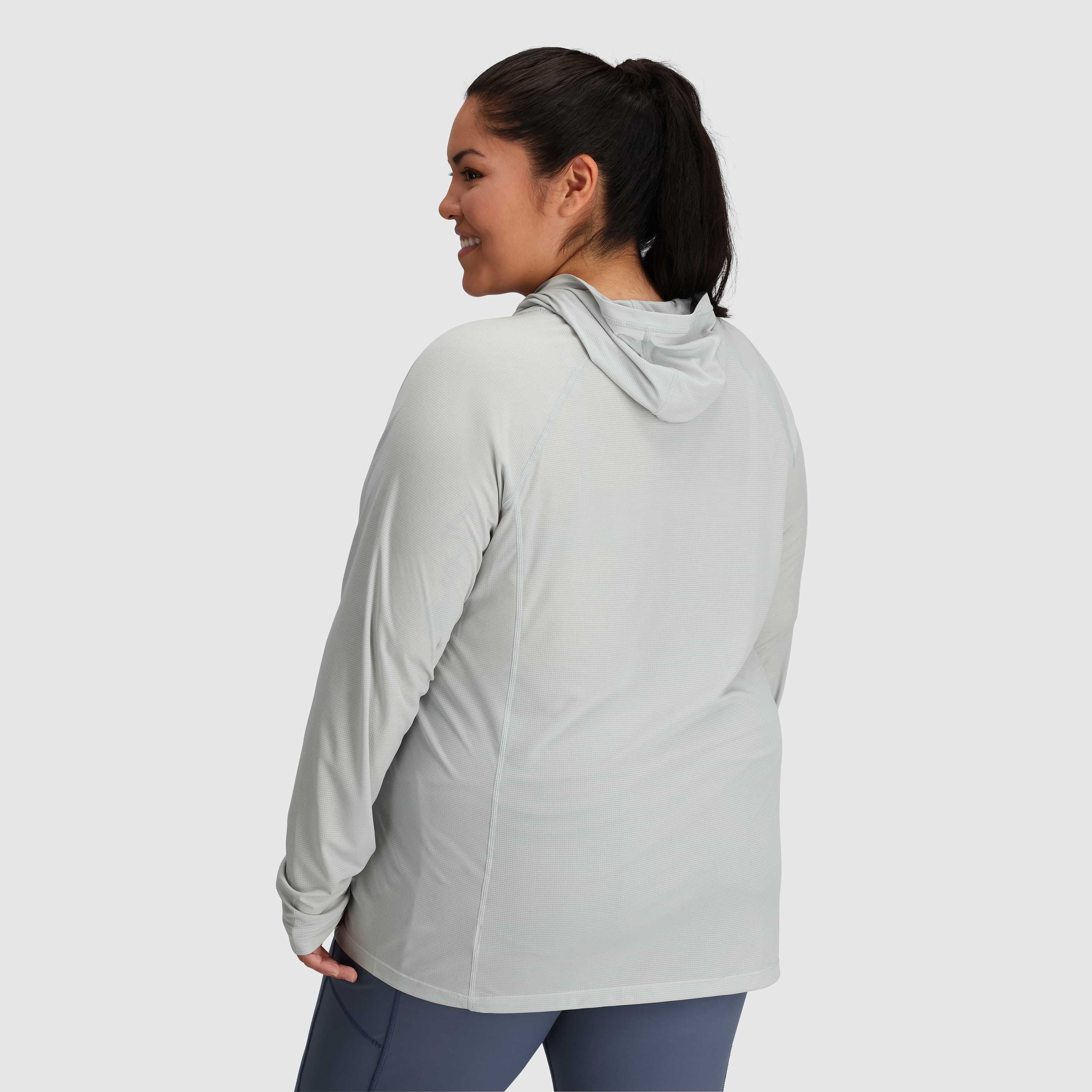 Outdoor Research Echo Women’s Plus Size Sun Hoodie in light grey with UPF protection, lightweight long sleeves, and breathable outdoor fit in sizes 2X–4X.