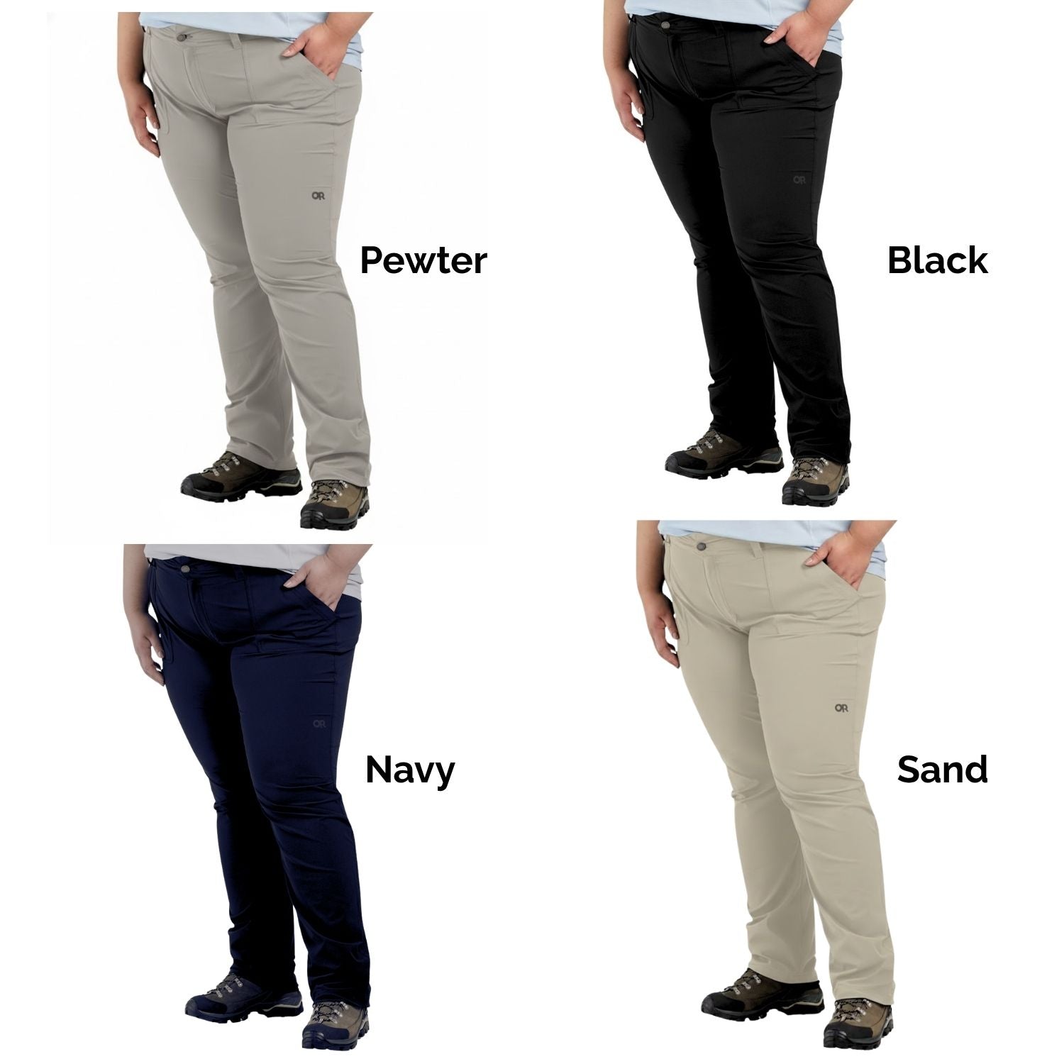Four pairs of plus-size travel pants in different colours (Pewter, Black, Navy, Sand) worn by a curvy woman on a white background.