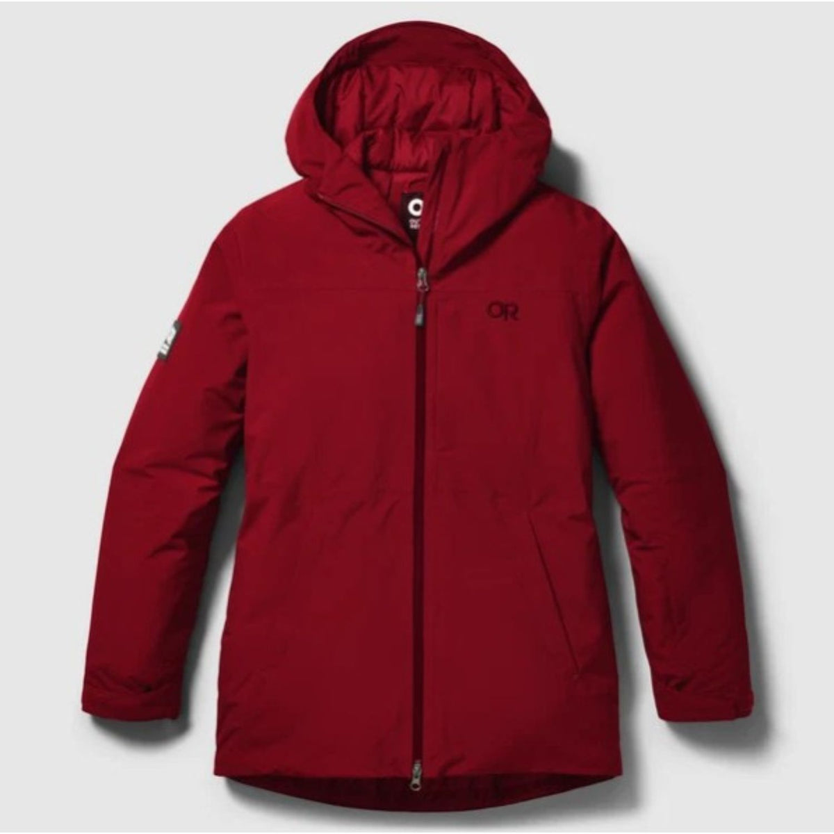 A red hooded snow jacket with a full front zipper and a small black 'OR' logo on the left chest, displayed against a light gray background.