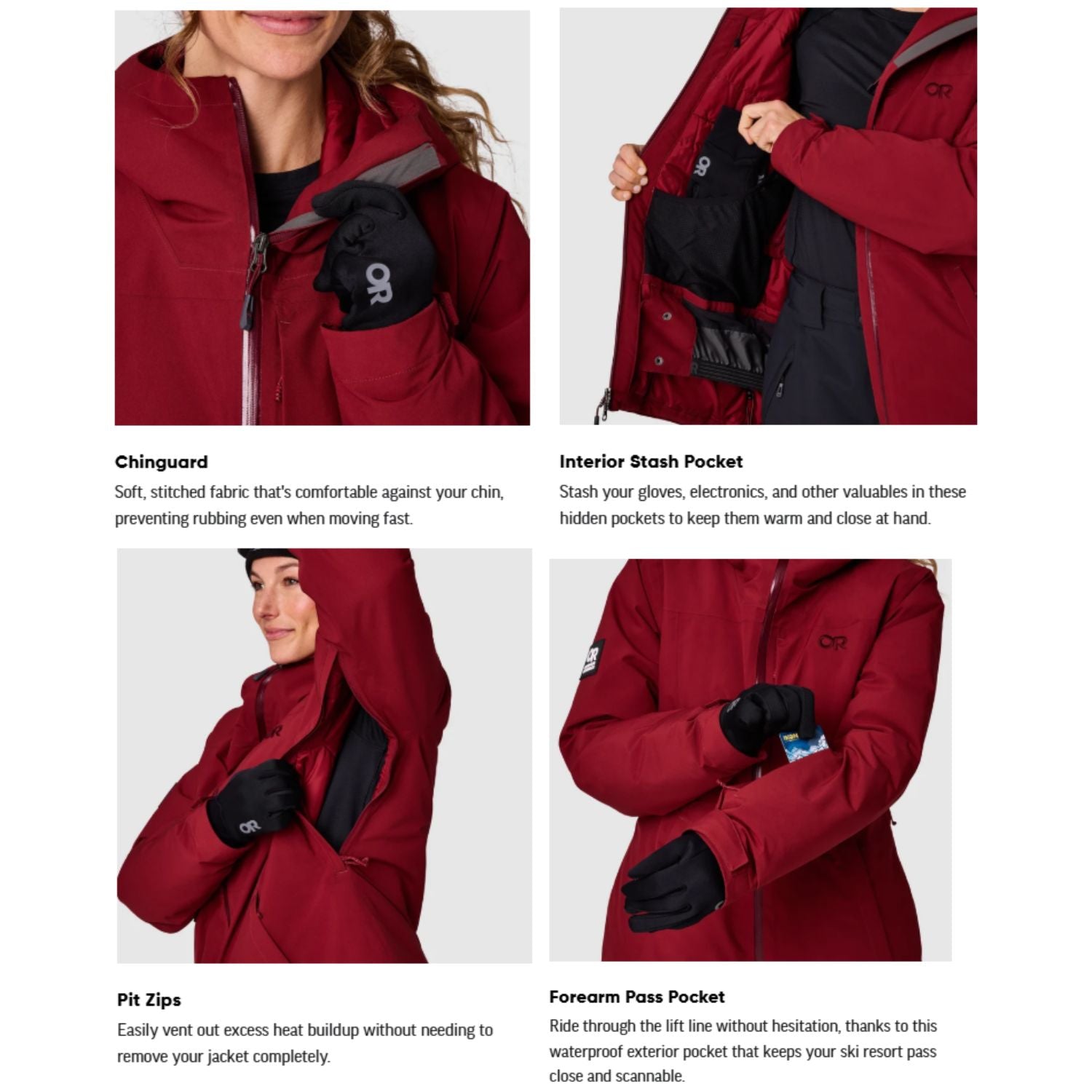 A four-panel feature graphic showing a woman wearing a red ski jacket, highlighting the chinguard, interior stash pocket, pit zips, and forearm pass pocket with descriptive text labels.
