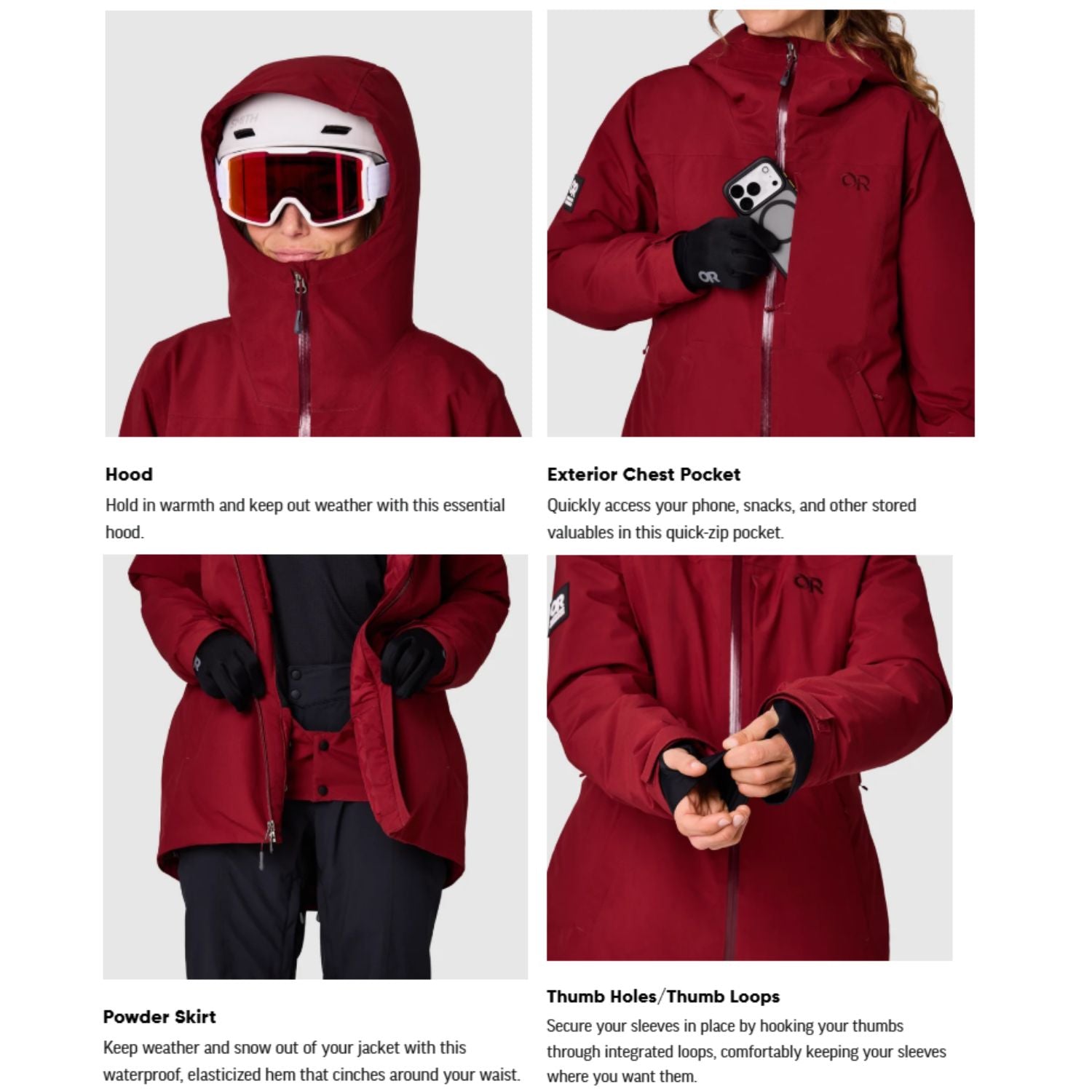 Four-panel product feature graphic showing a red hooded ski jacket worn by a model, with text callouts for hood, exterior chest pocket, powder skirt, and thumb holes.