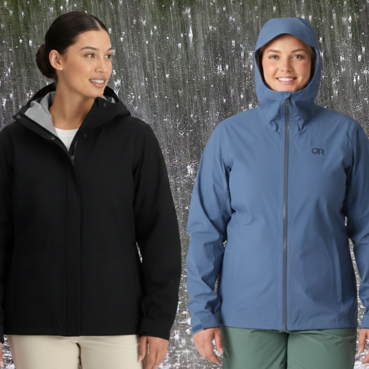 Two plus-size women modeling outdoor hooded jackets side by side against a textured gray background. The woman on the left wears a black jacket with a gray hood lining, and the woman on the right wears a slate blue jacket with a dark logo on the chest.