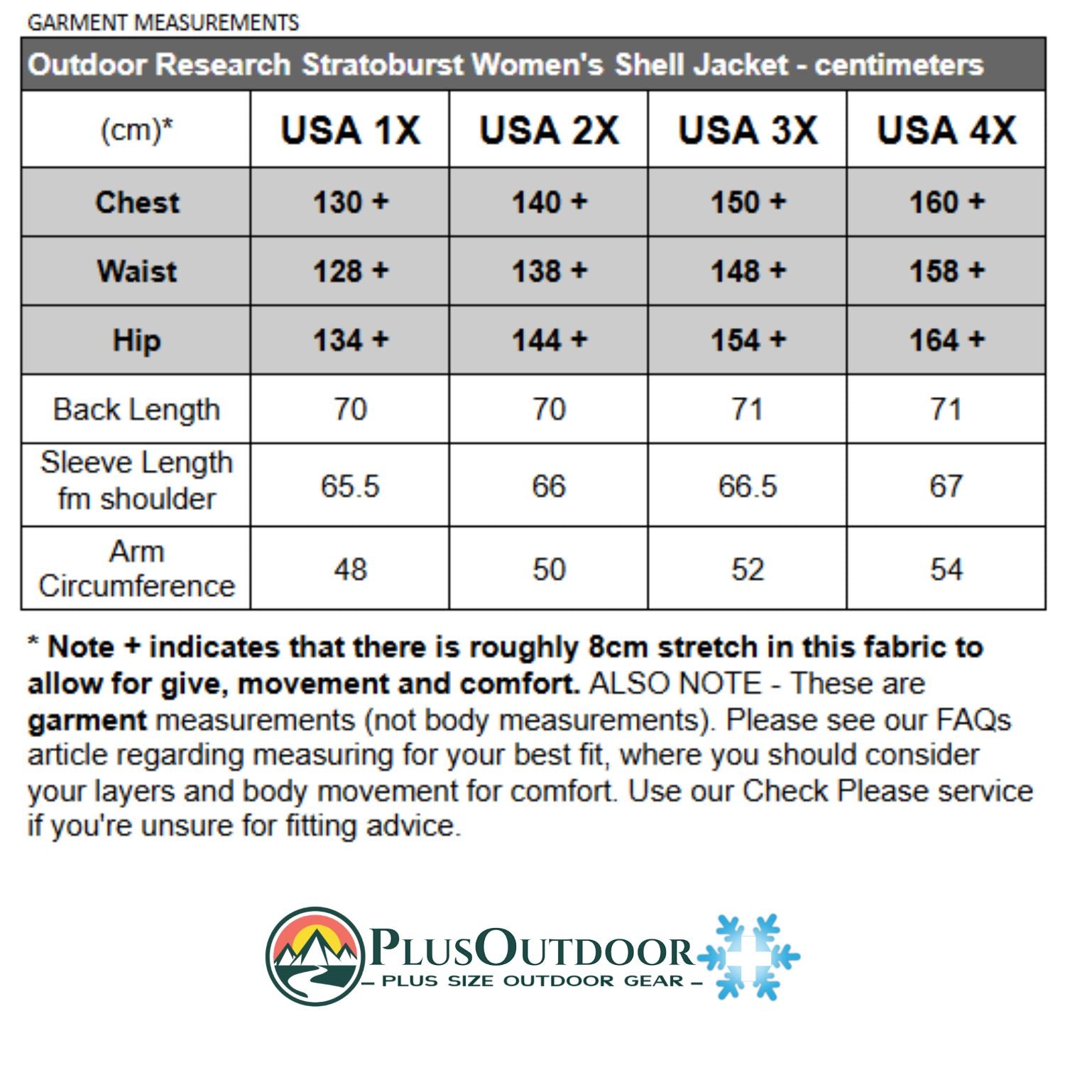 Measurement chart for Outdoor Research Stratoburst Women's  Rain Shell Jacket with PlusOutdoor logo.