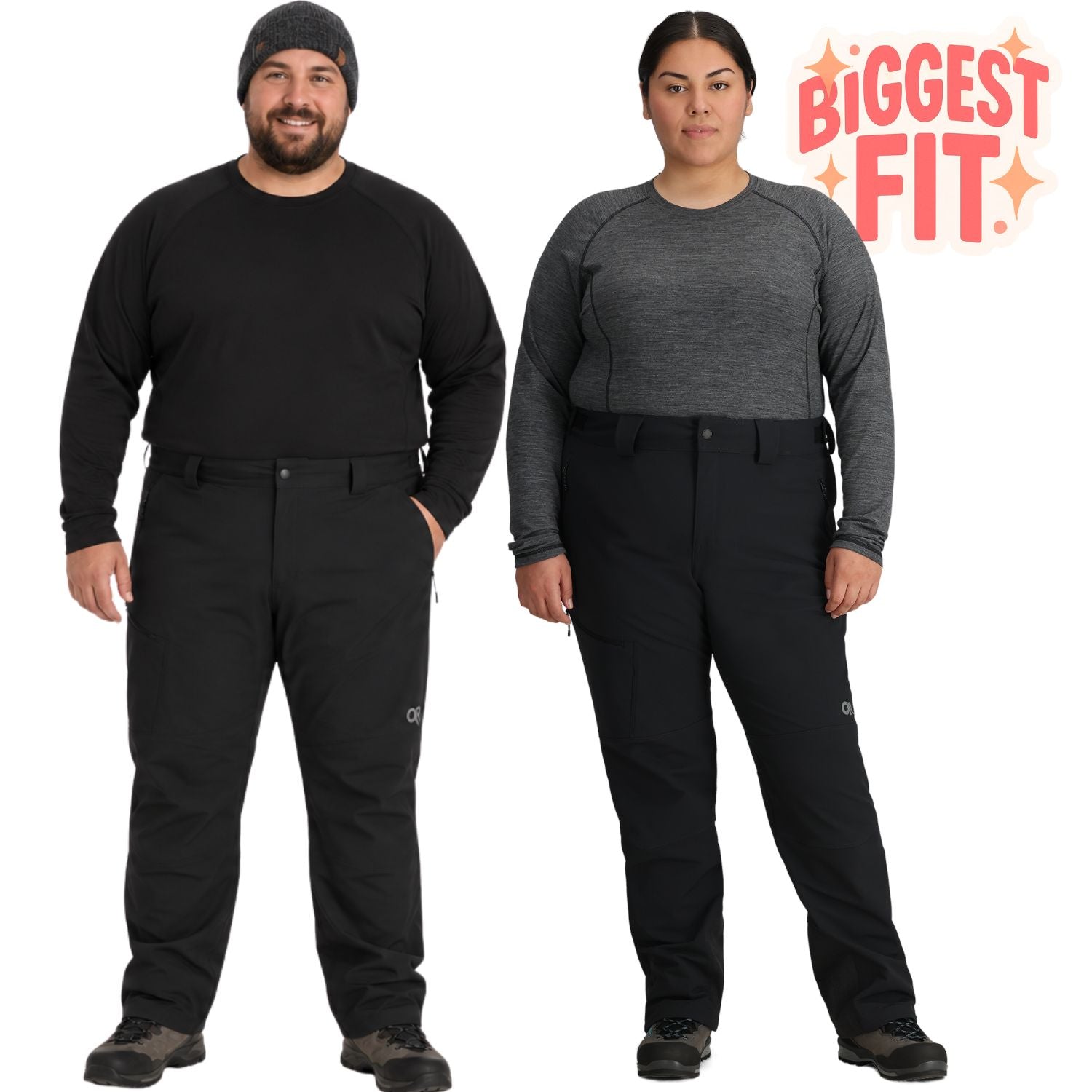 Two plus-size models wearing dark outdoor apparel standing against a white background, with a red and orange 'BIGGEST FIT.' graphic in the top right.