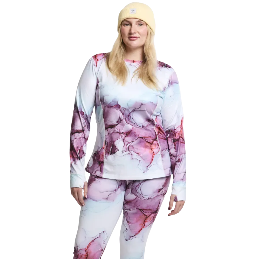 Plus-size woman wearing a Rojo Best Living plus size thermal top in rosewater print pattern