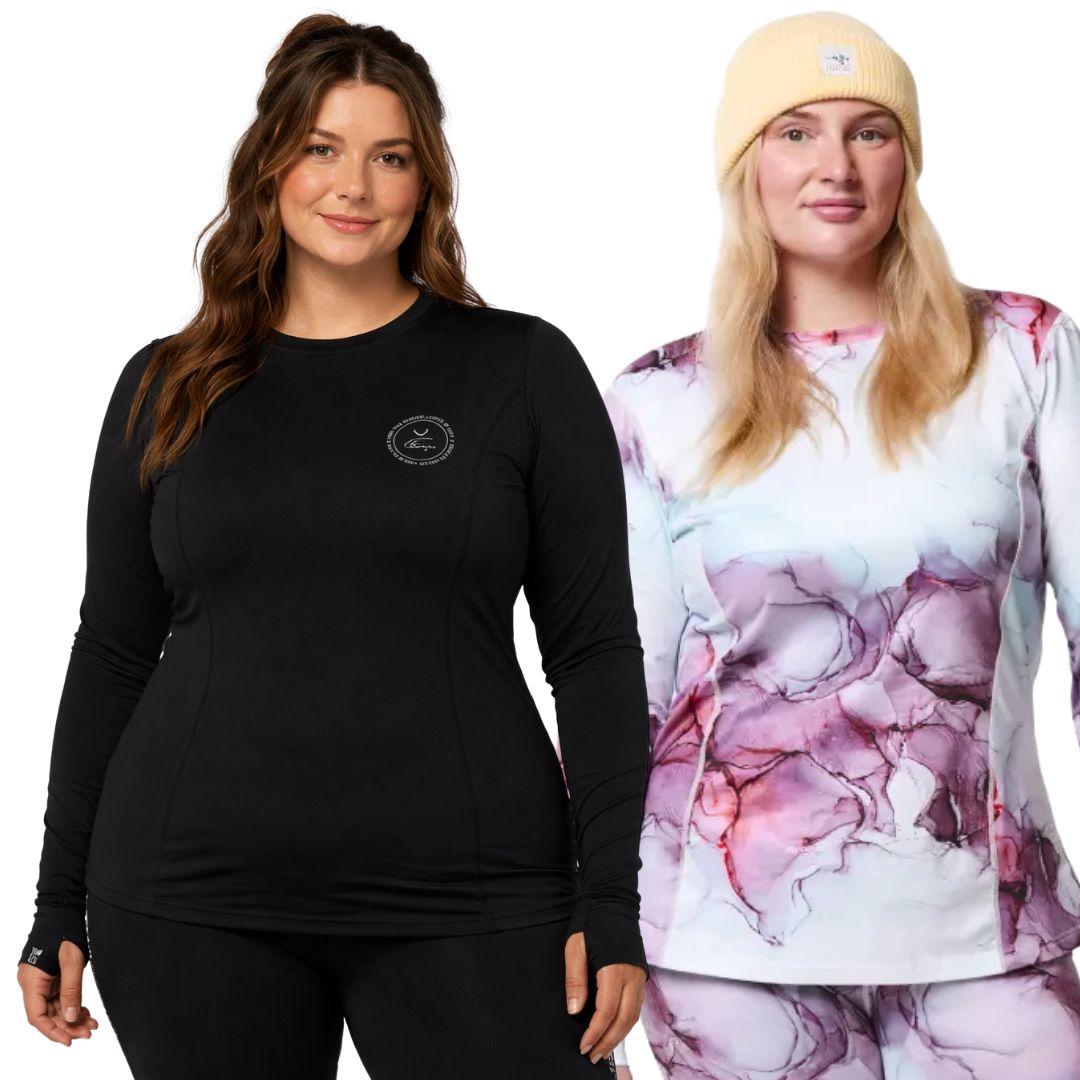 Rojo Best Living Women’s Plus Size Thermal Top in assorted prints, warm stretch base layer available in sizes 3XL–5XL.