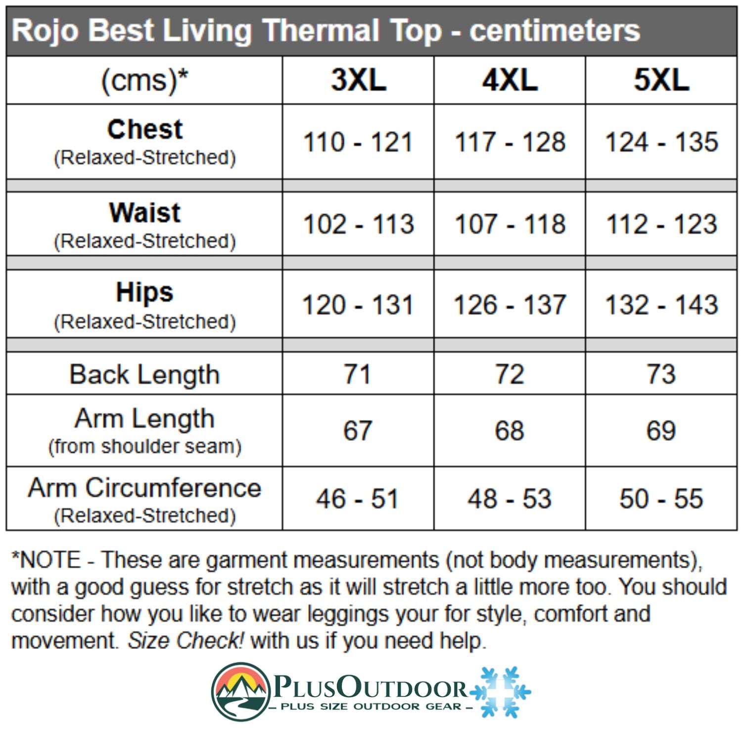 Measurement chart for Rojo Best Living Thermal Top in centimeters, featuring Plus Outdoor logo.