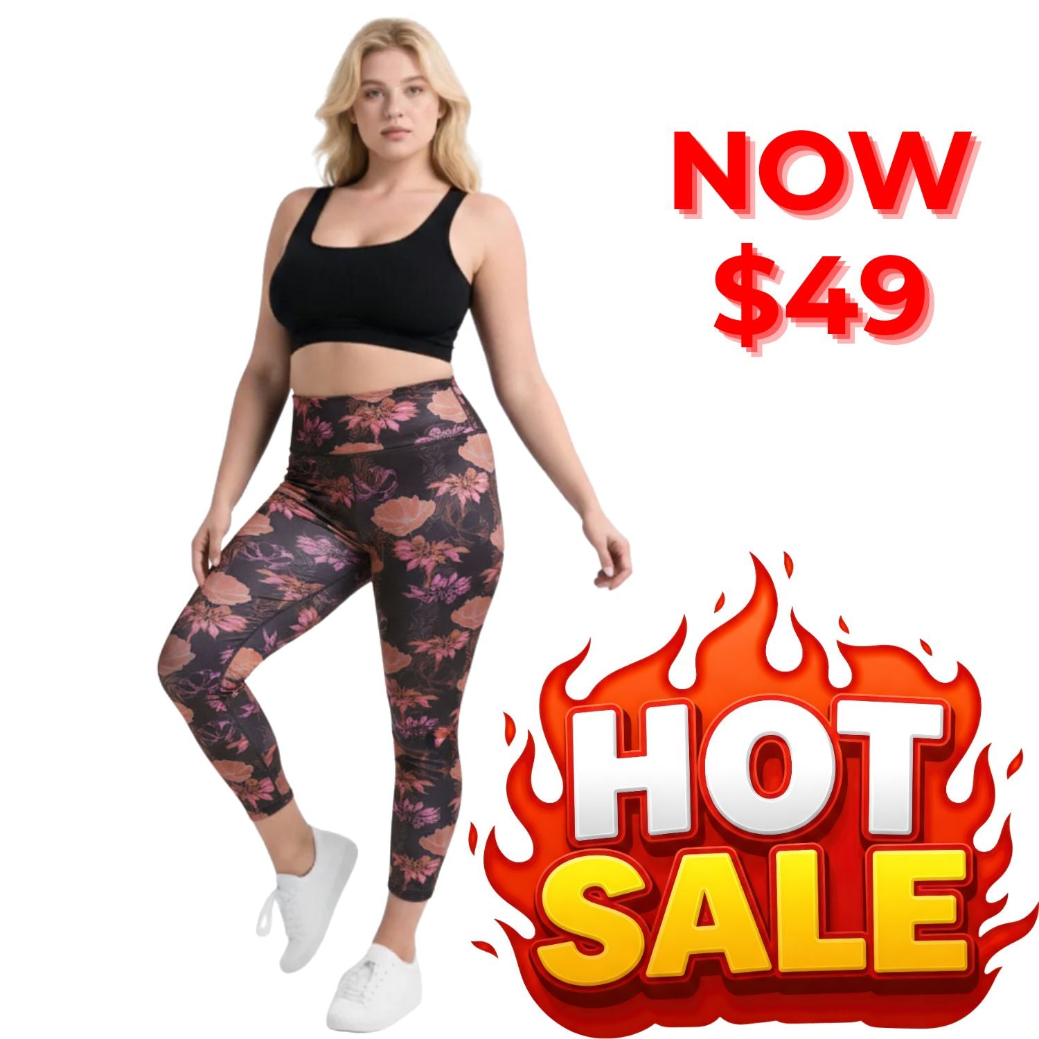 A woman modeling a black sports bra and high-waisted leggings with a dark floral pattern, alongside promotional text reading 'NOW $49' and a 'HOT SALE' flame graphic on a white background.
