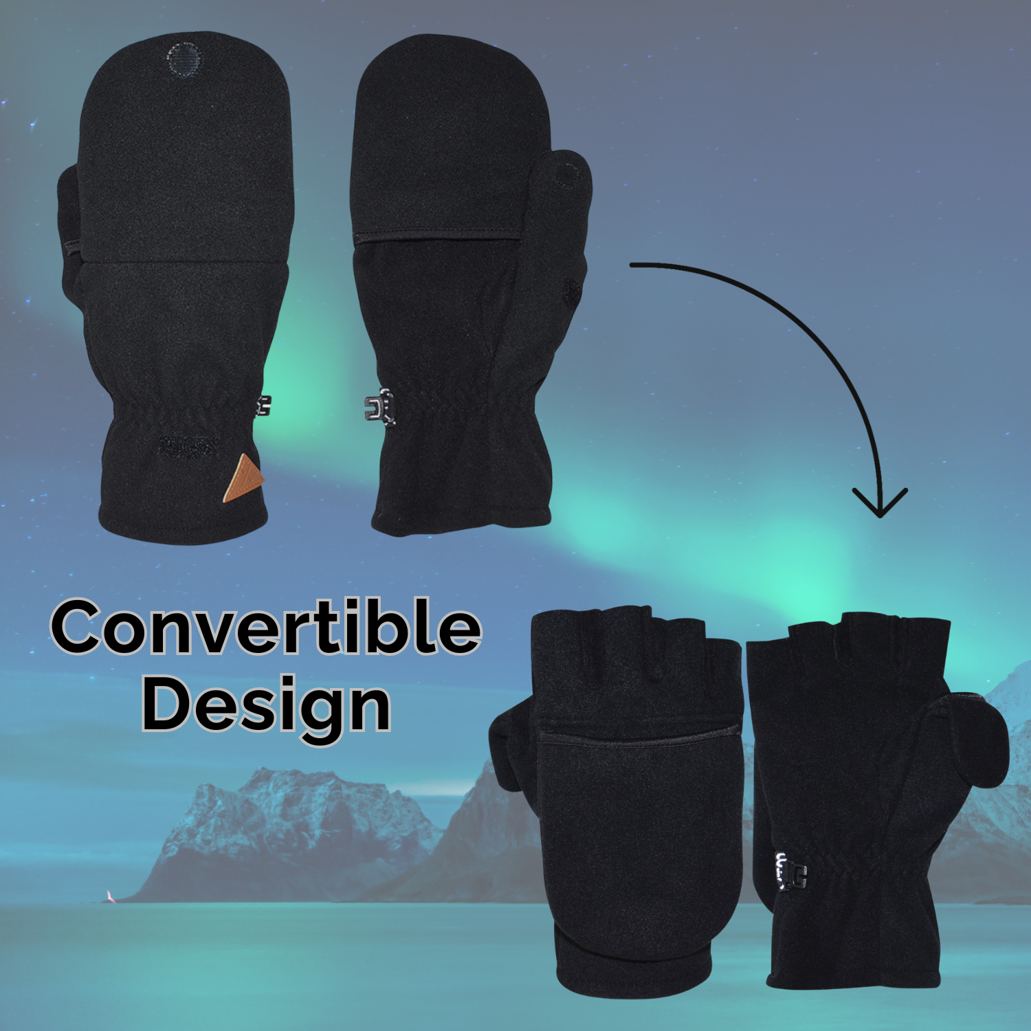 Black convertible fingerless gloves with northern lights mountain and ocean background 