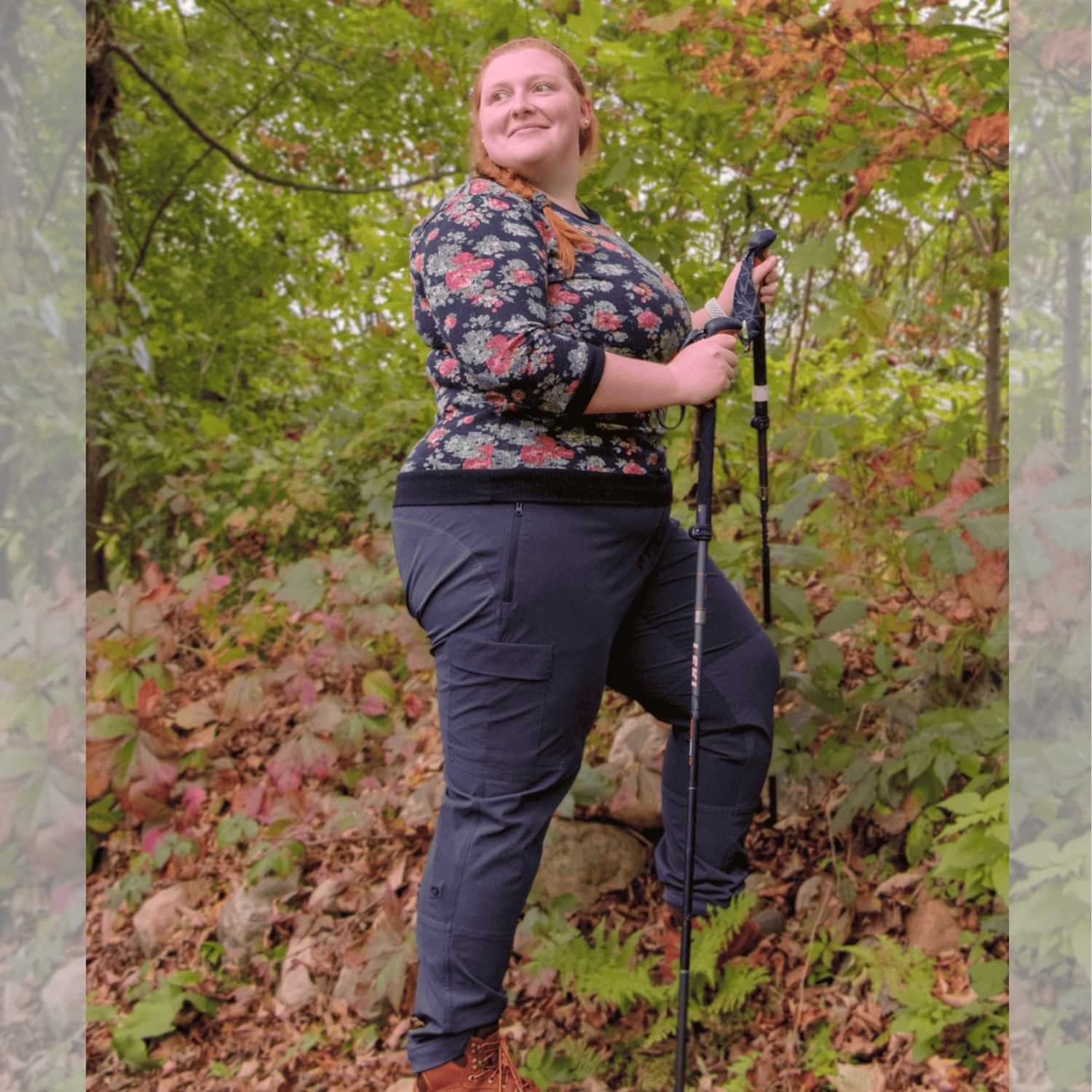 Plus size woman wearing Thicket Adventure Brecken Travel Pants BELLY FIT in plus sizes 18–34 going hiking