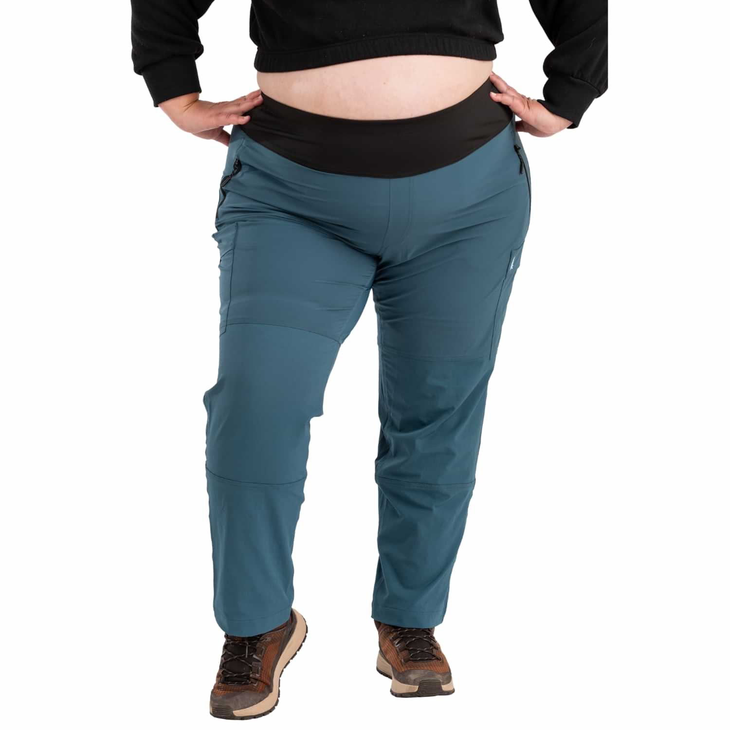 Front view of Thicket Adventure Brecken Hiking Pants BOOTY FIT in blue with stretch waistband, zip pockets, and durable hiking design for plus sizes 18-34.
