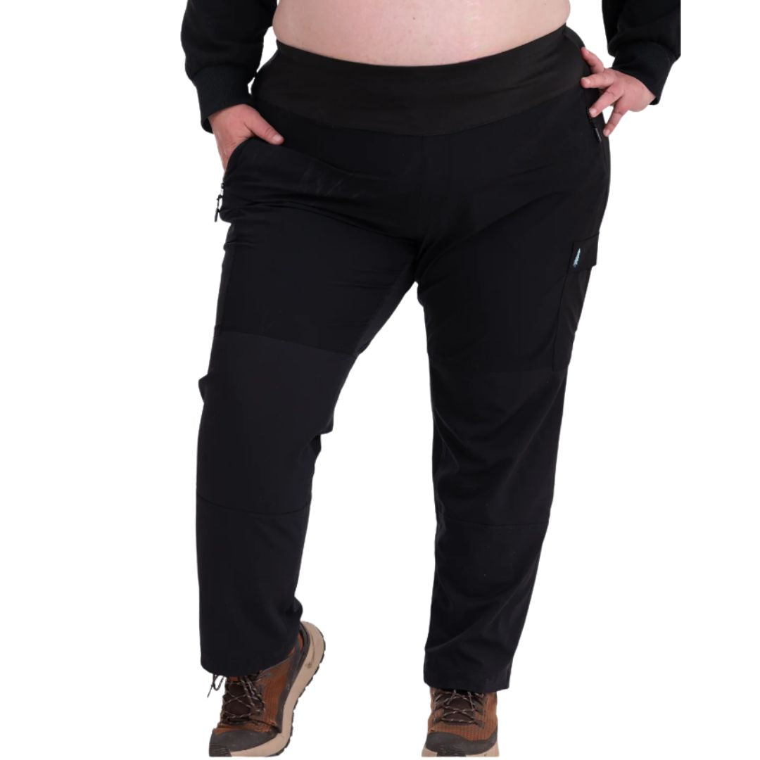 Black cargo-style plus-size pants with a wide elastic waistband, shown on a model from the waist down against a white background.