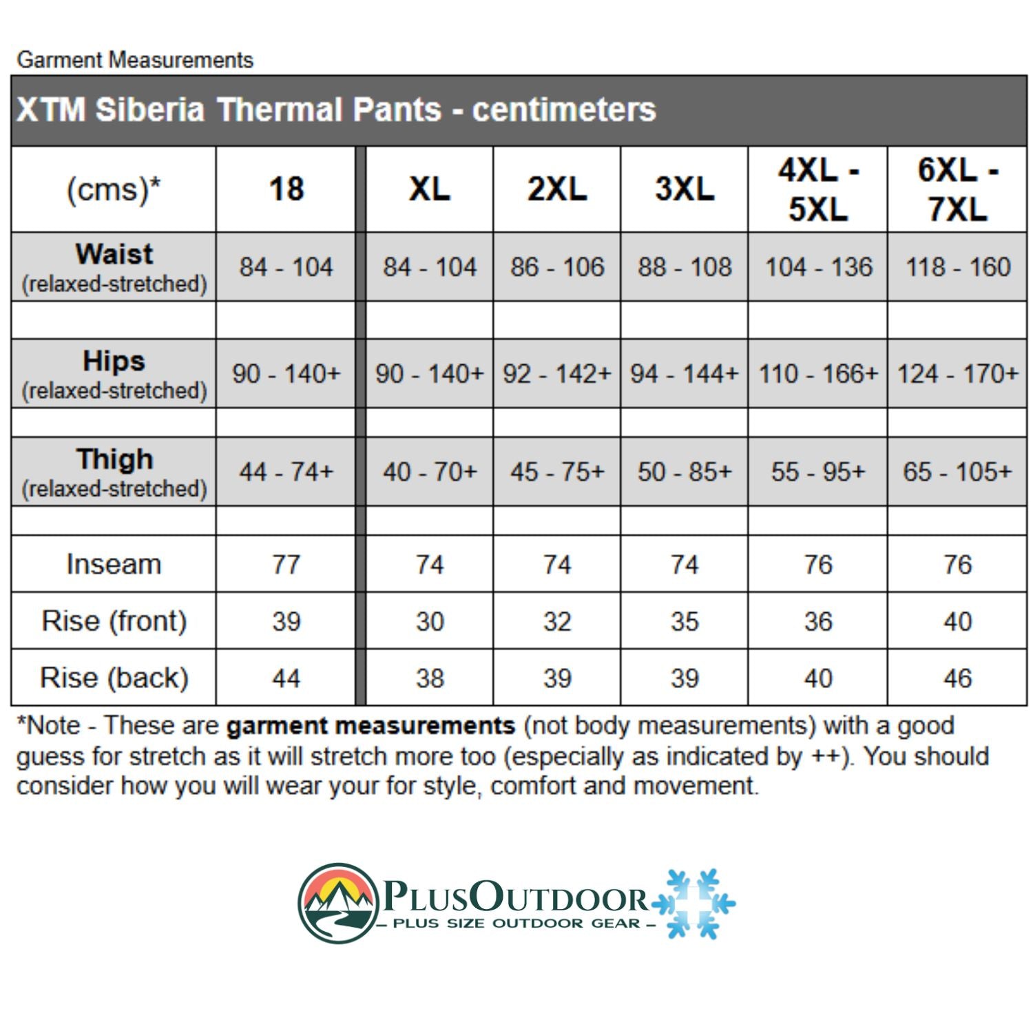 Size chart for XTM Siberia Thermal Pants in centimeters with Plus Outdoor logo.