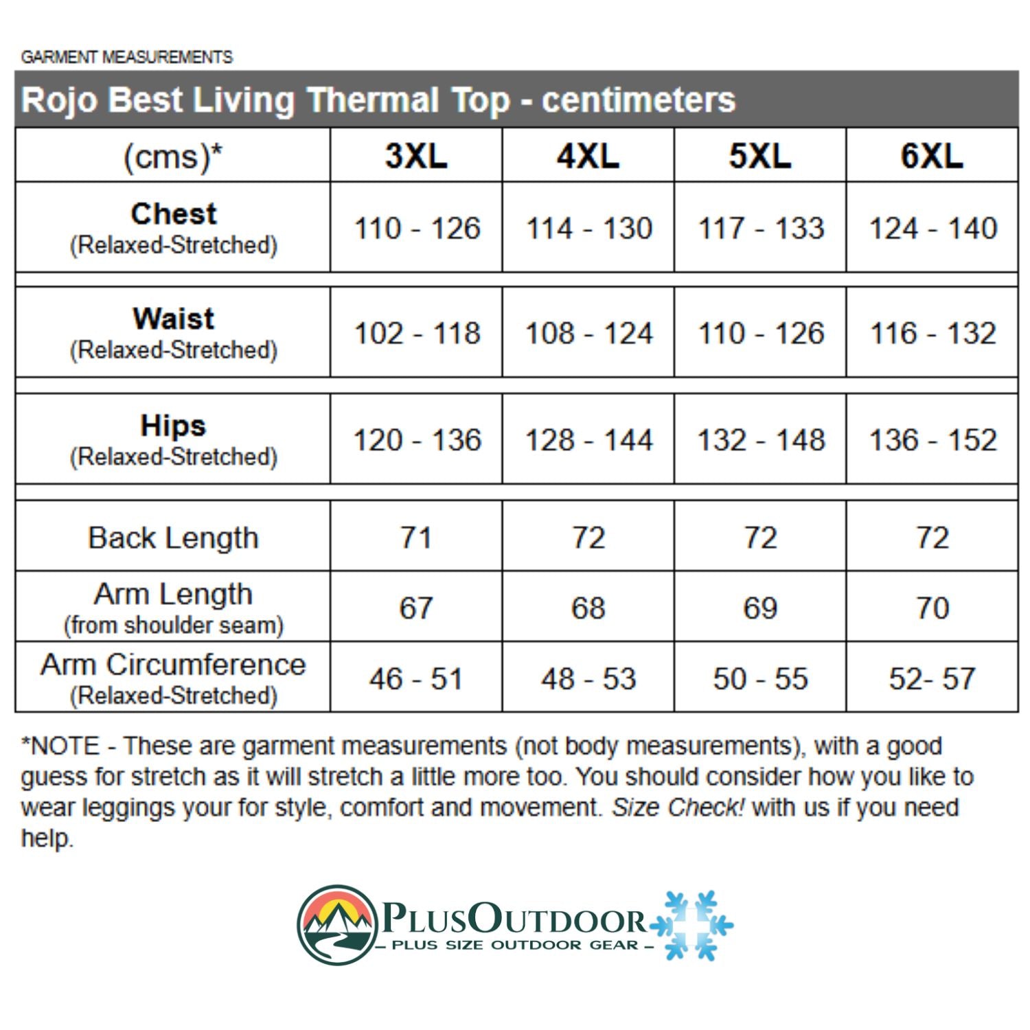 size chart measurement Rojo Best Living Thermal Top chest, waist, hips, back length, arm length, and arm plus size  plus-size 3XL, 4XL, 5XL, and 6XL Plus Outdoor base layer