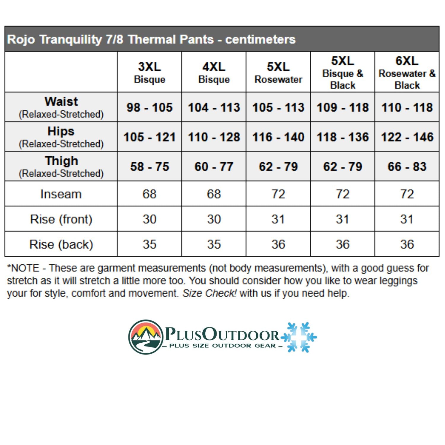A size measurement chart for Rojo Tranquility 7/8 Thermal Pants waist hips thigh inseam rise and back  3XL 6XL Plus Size Outdoor Gear womens plus-size base layer