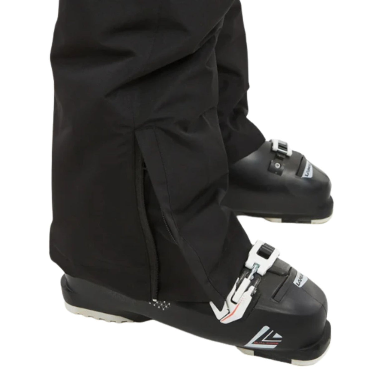 Black ski pants gaiters with adjustable straps and buckles fastening to black ski boots, shown against a plain white background.