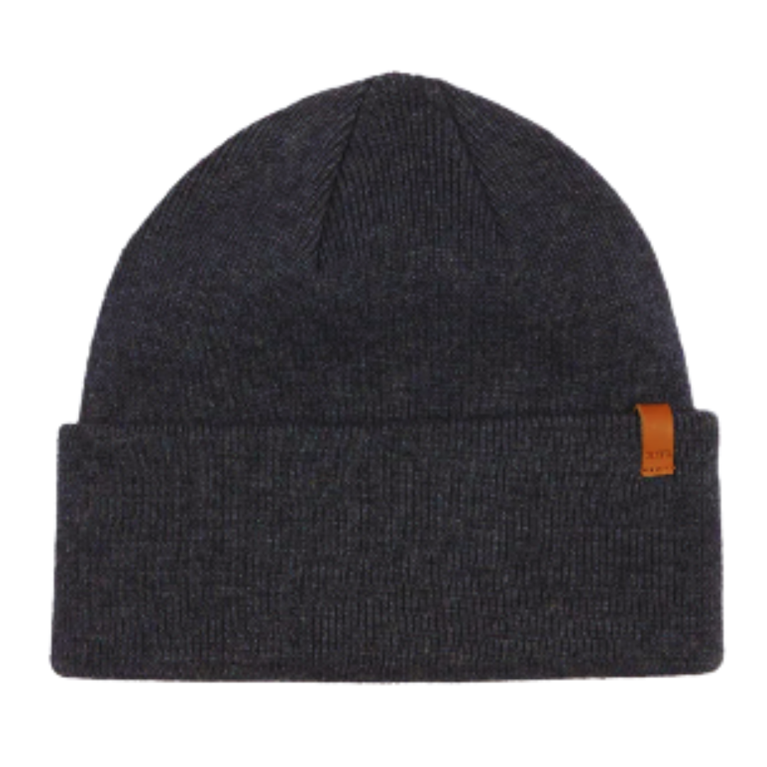 Dark gray beanie with a brown tag on a white background