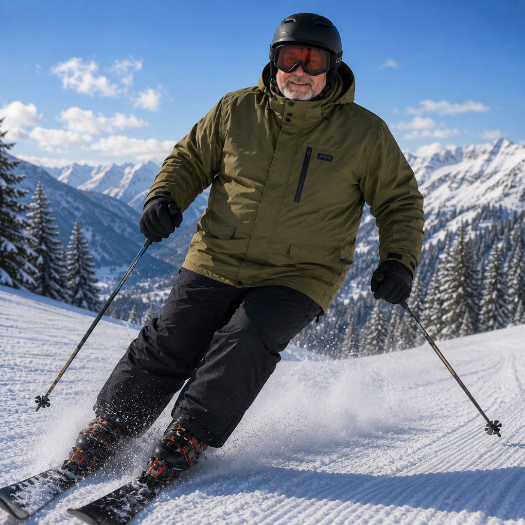 Man skiing down a mountain trail wearing the XTM Knox Men's Plus Size Jacket in Kalamata olive green.