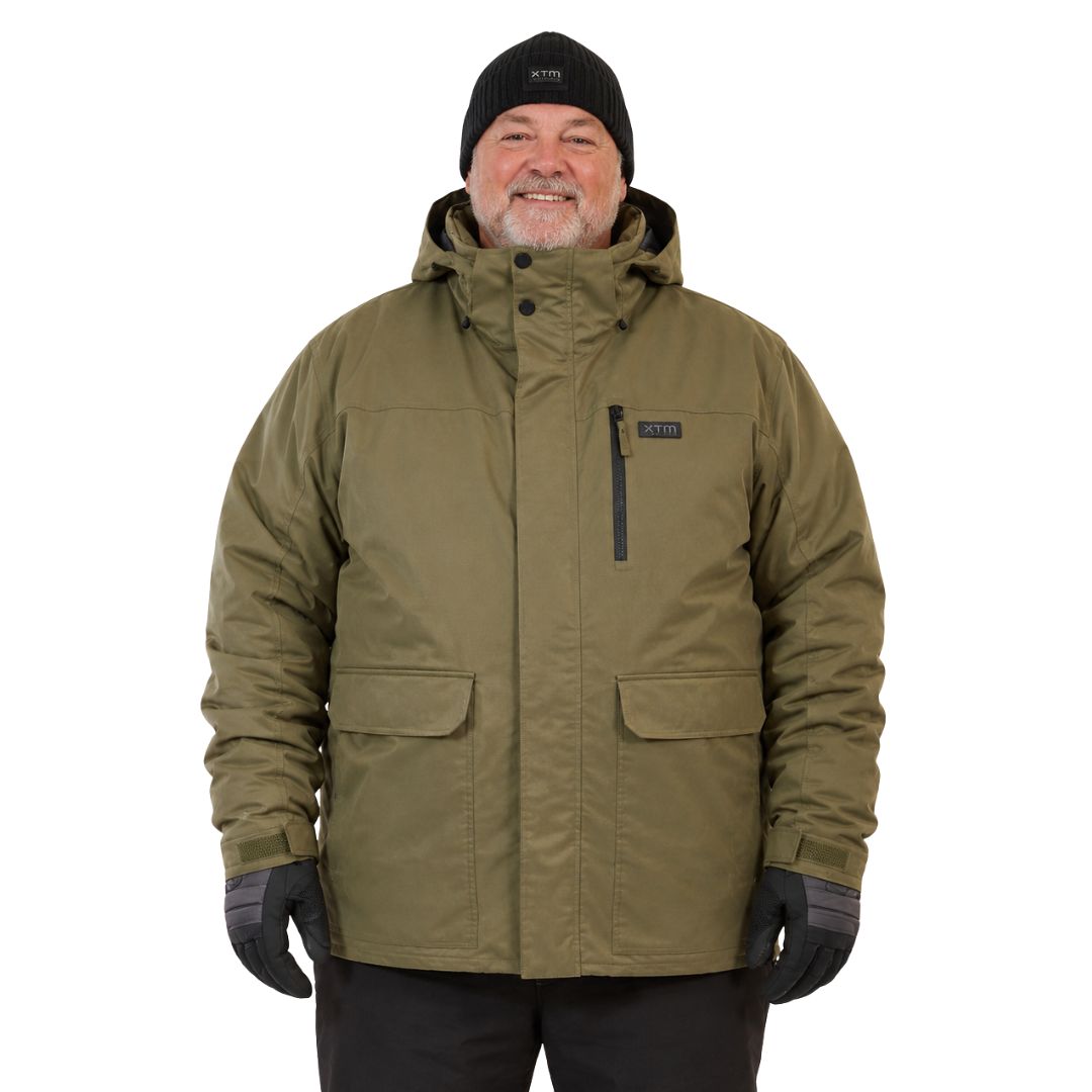 Front view of a man wearing the Kalamata green XTM Knox Men's Plus Size Jacket with a beanie and gloves.