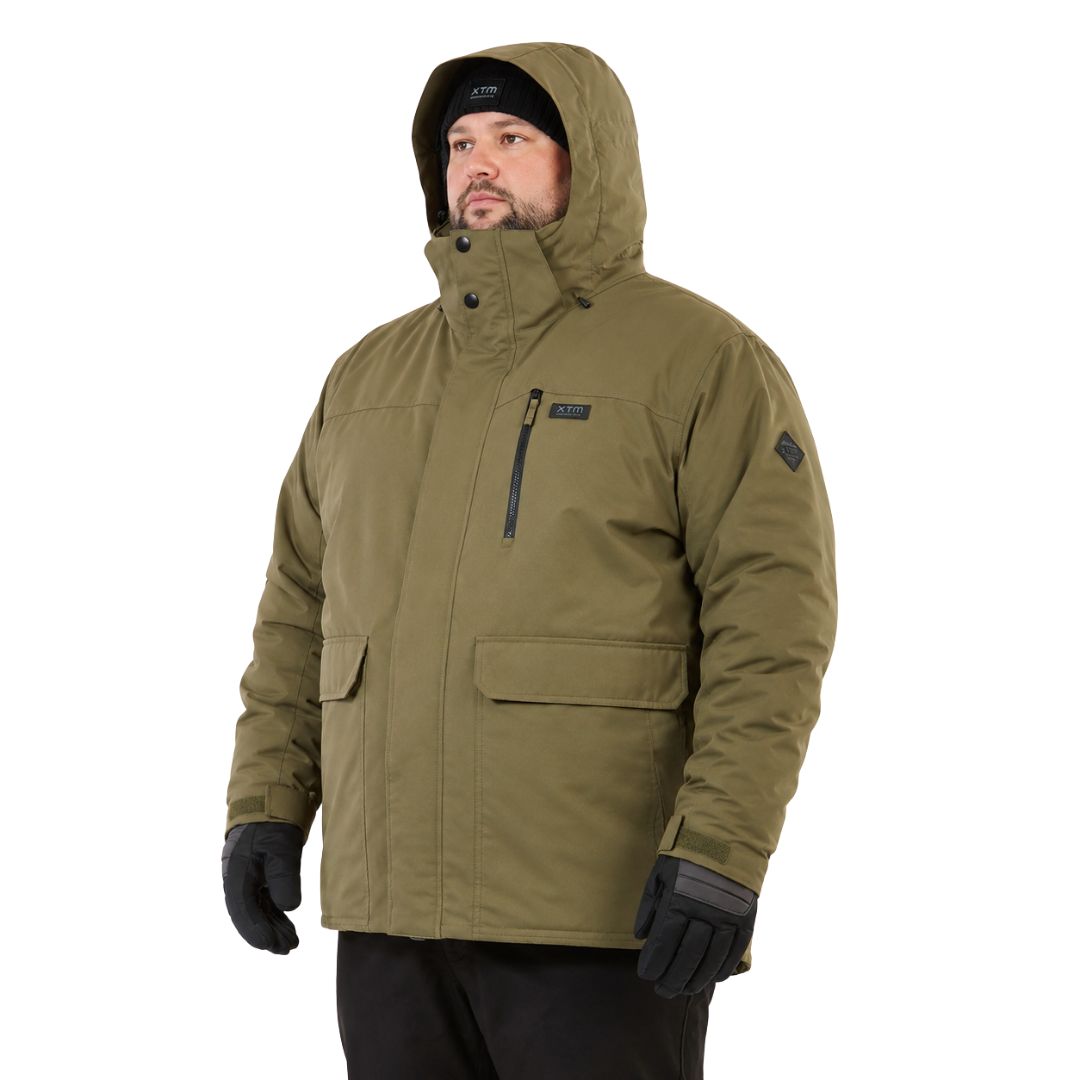 Three-quarter side view of a man wearing the hooded XTM Knox Men's Plus Size Jacket in Kalamata green.
