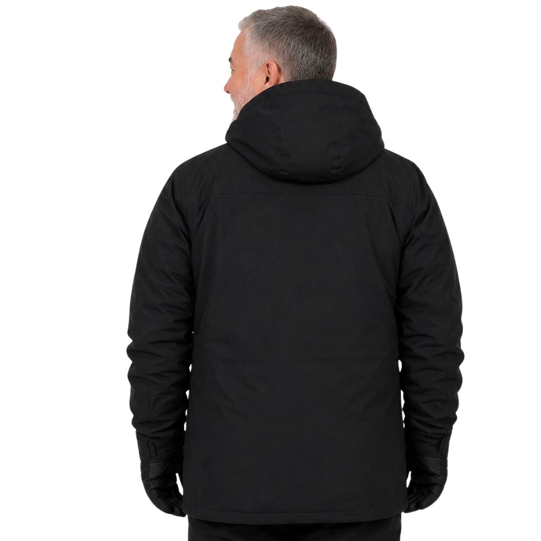 Back view of a plus-size man wearing a black winter jacket on a white background