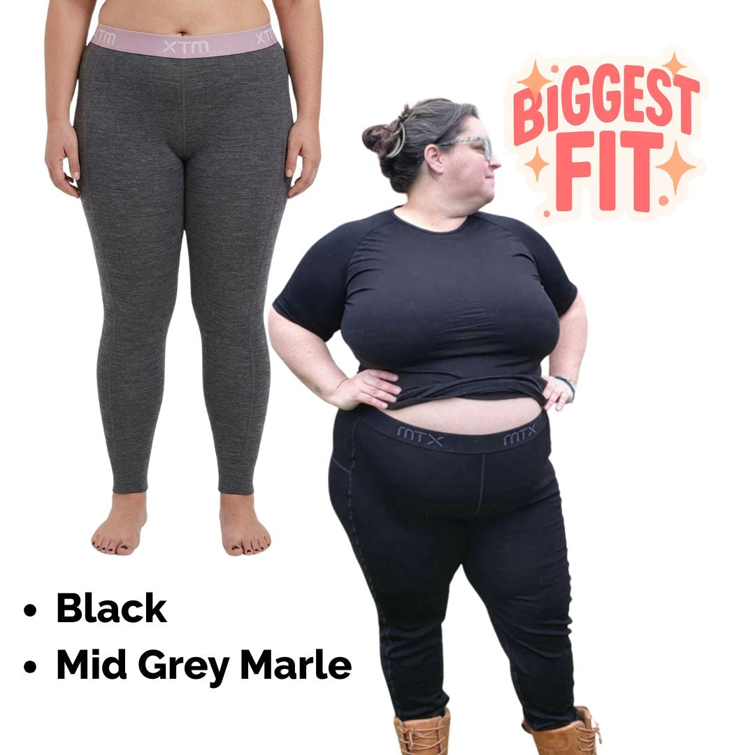 Warm plus-size merino leggings in black and mid grey marle design