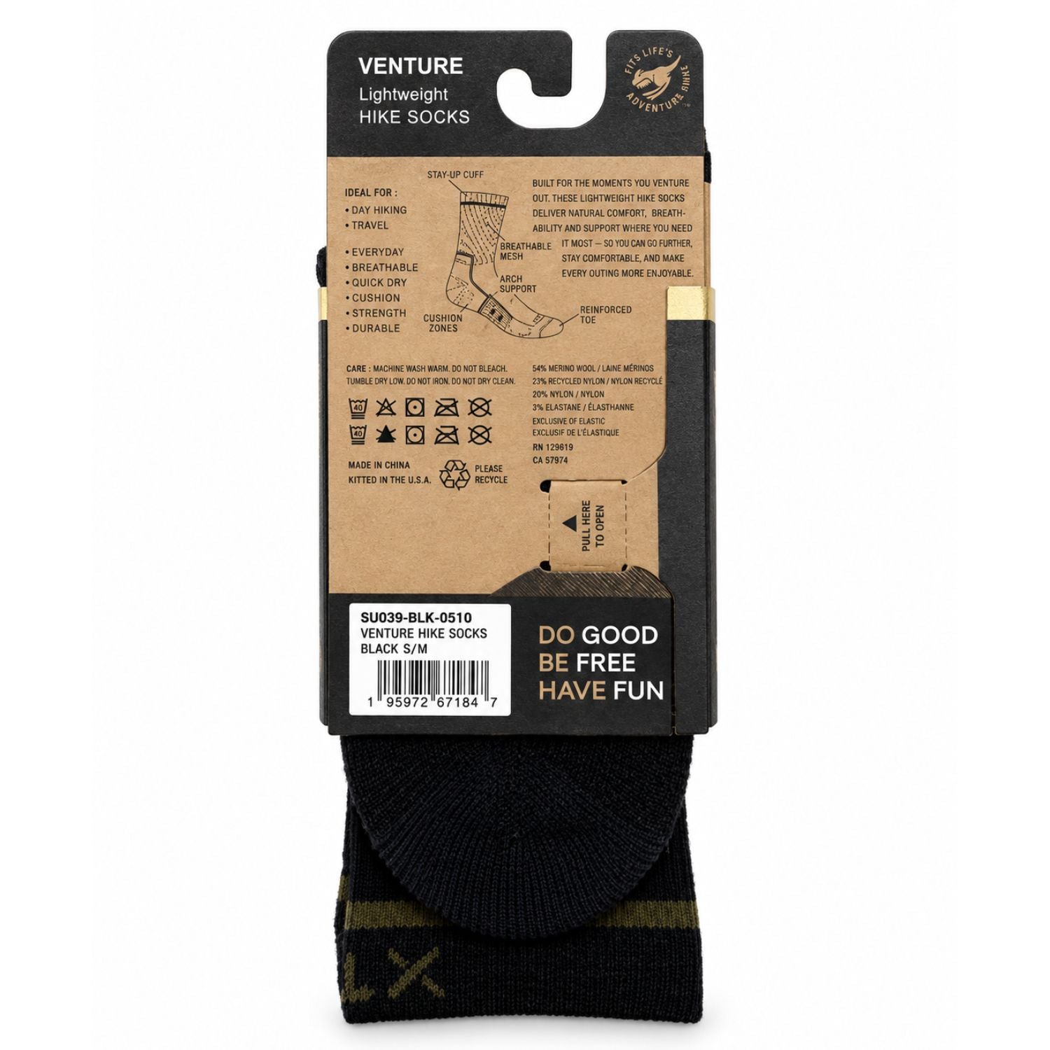 Venture Lightweight Hike Socks in Black and Brown, shown in their retail packaging with a hang tab. The sock features a dark green, black, and brown camouflage pattern, and the packaging displays product details, sizing, and care instructions.
