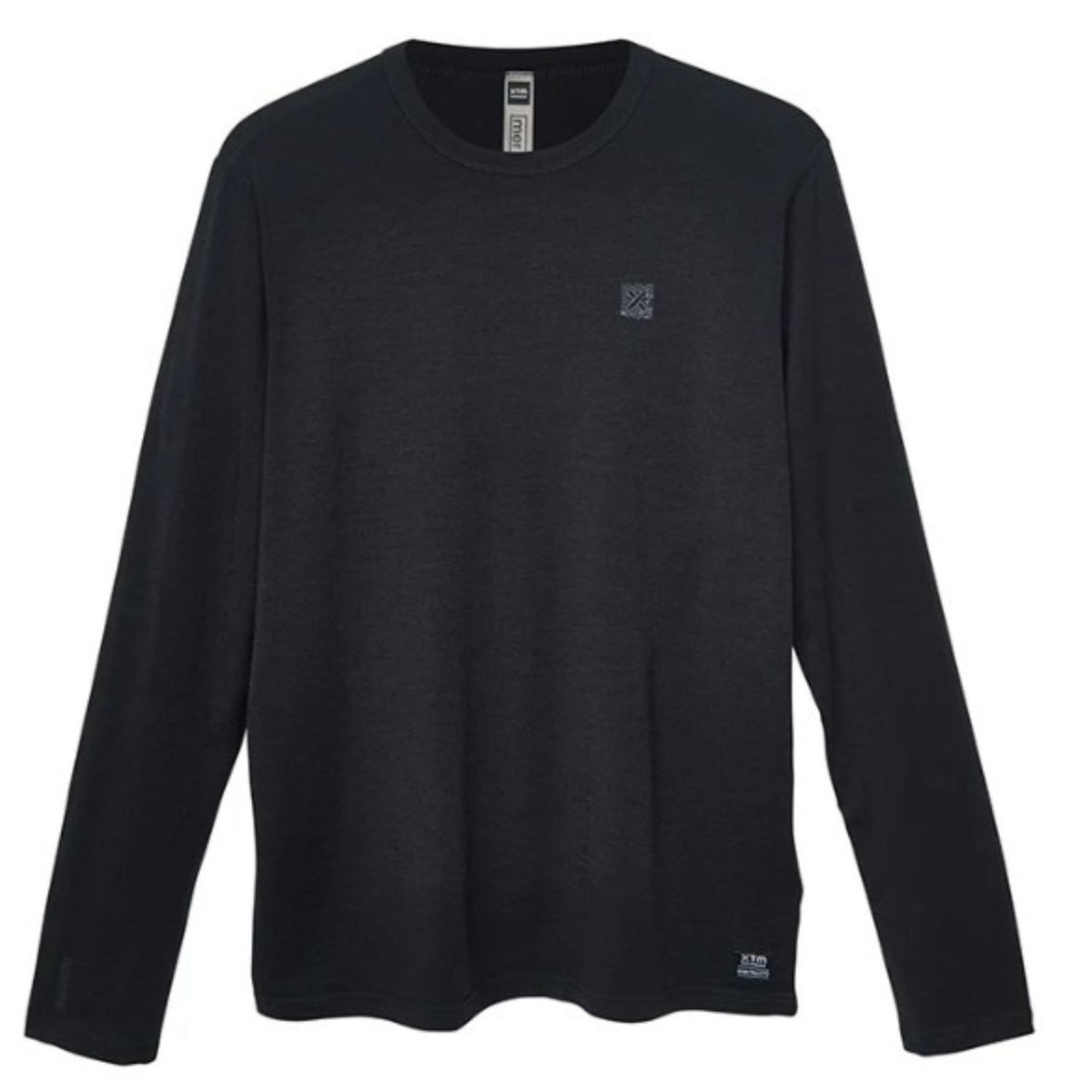 A black long-sleeve crewneck shirt with a small tonal square logo on the left chest and a small brand tag near the bottom hem, displayed on a clean white background.